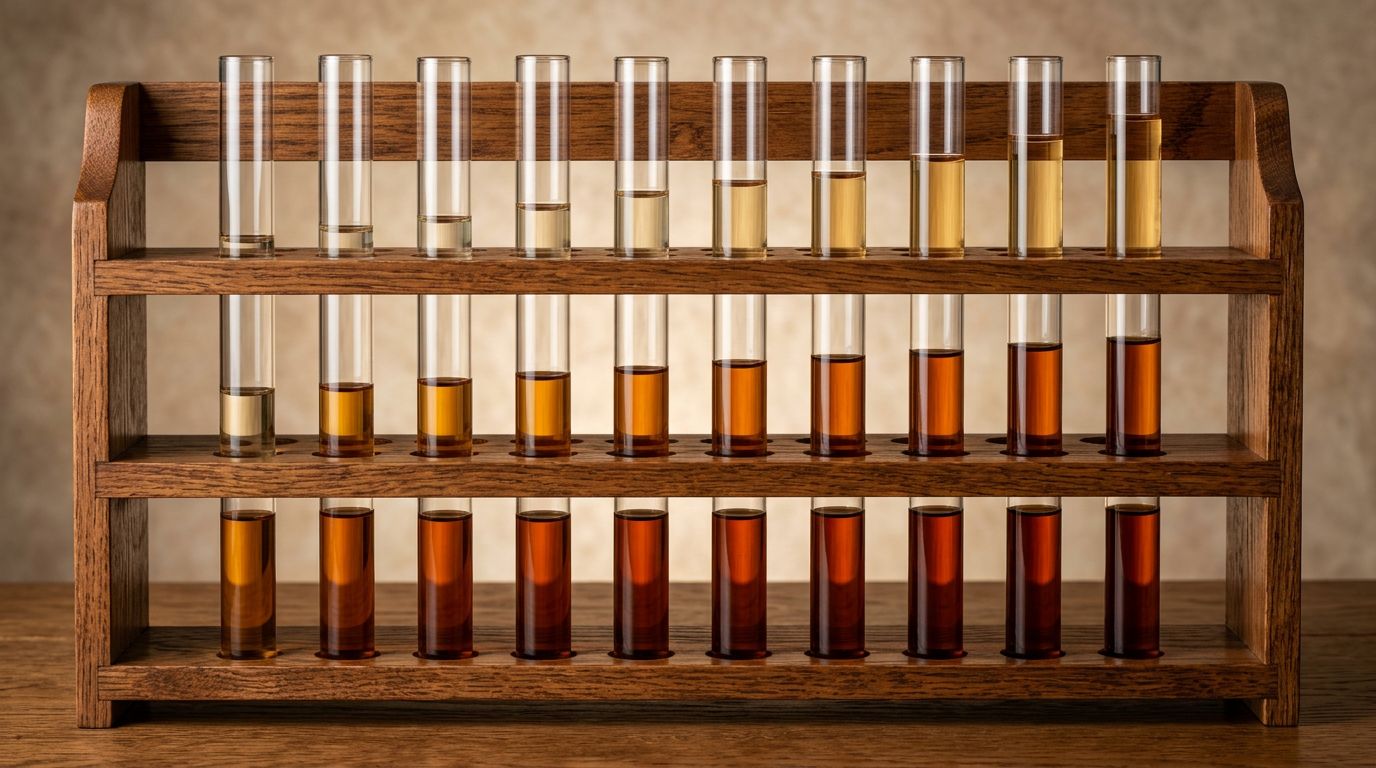 Three rows of glass specimen tubes filled with liquids ranging from pale amber through rich gold to deep amber, standing vertically in a polished wooden rack, each tube clearly separated.
