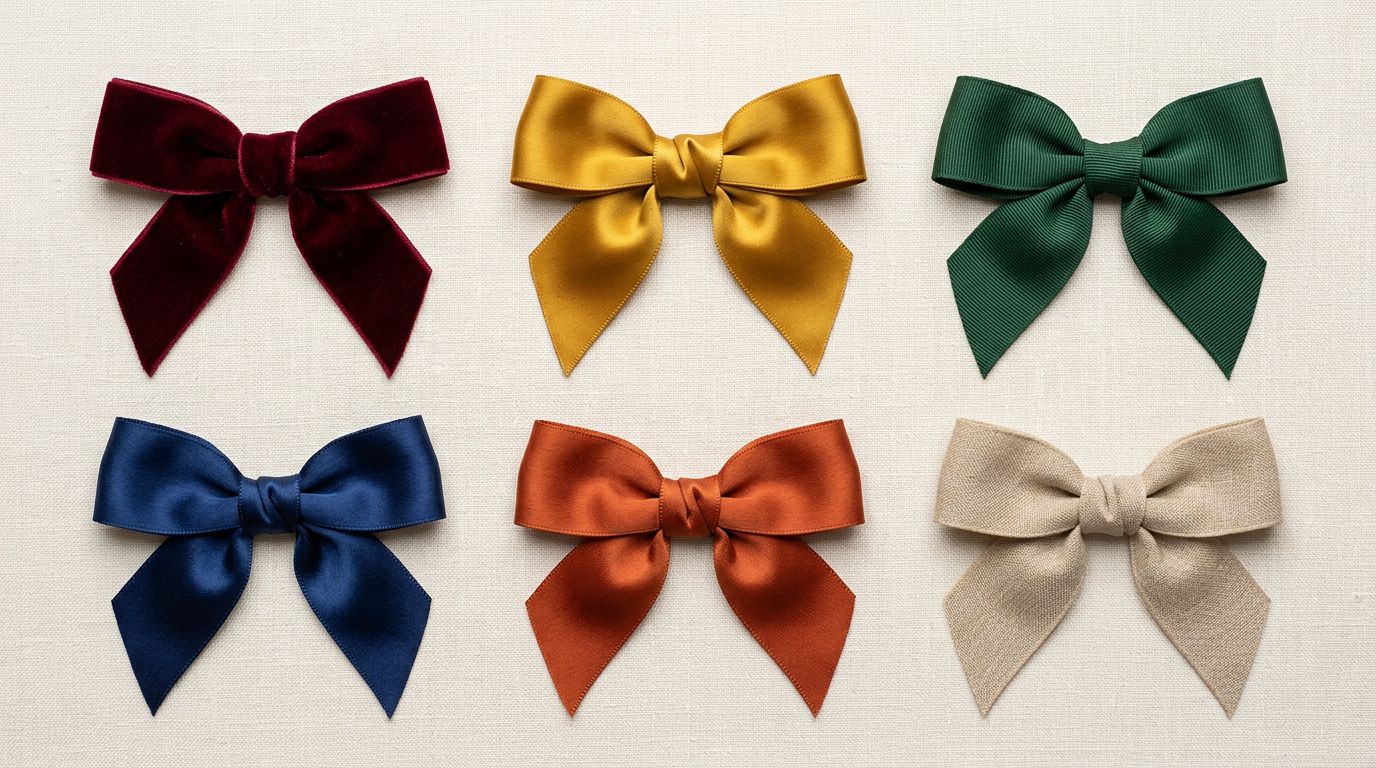 Close-up overhead view of ribbon bows in different sizes tied in burgundy, gold, forest green, and navy, each bow sitting separately on a cream linen surface, no overlapping.