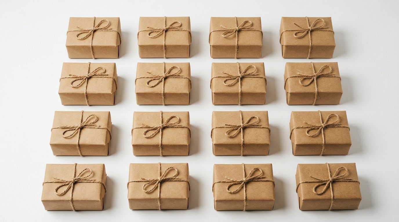 A set of small kraft paper gift tags in different sizes arranged in an overlapping fan pattern on a white surface, each tag showing a different shape and size, no text visible.