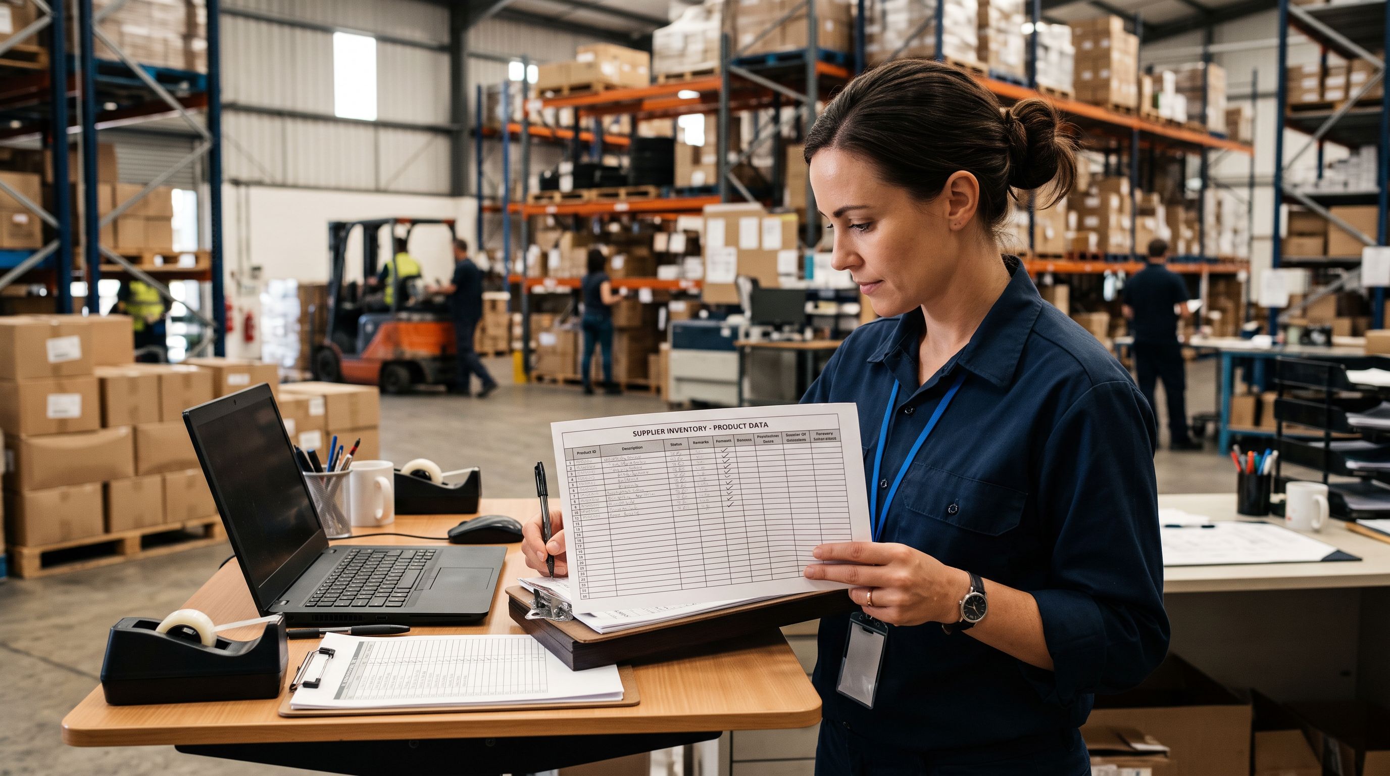Warehouse administrator at a standing desk reviewing a printed supplier product data sheet, pen marking items in the brand column that are blank or missing.