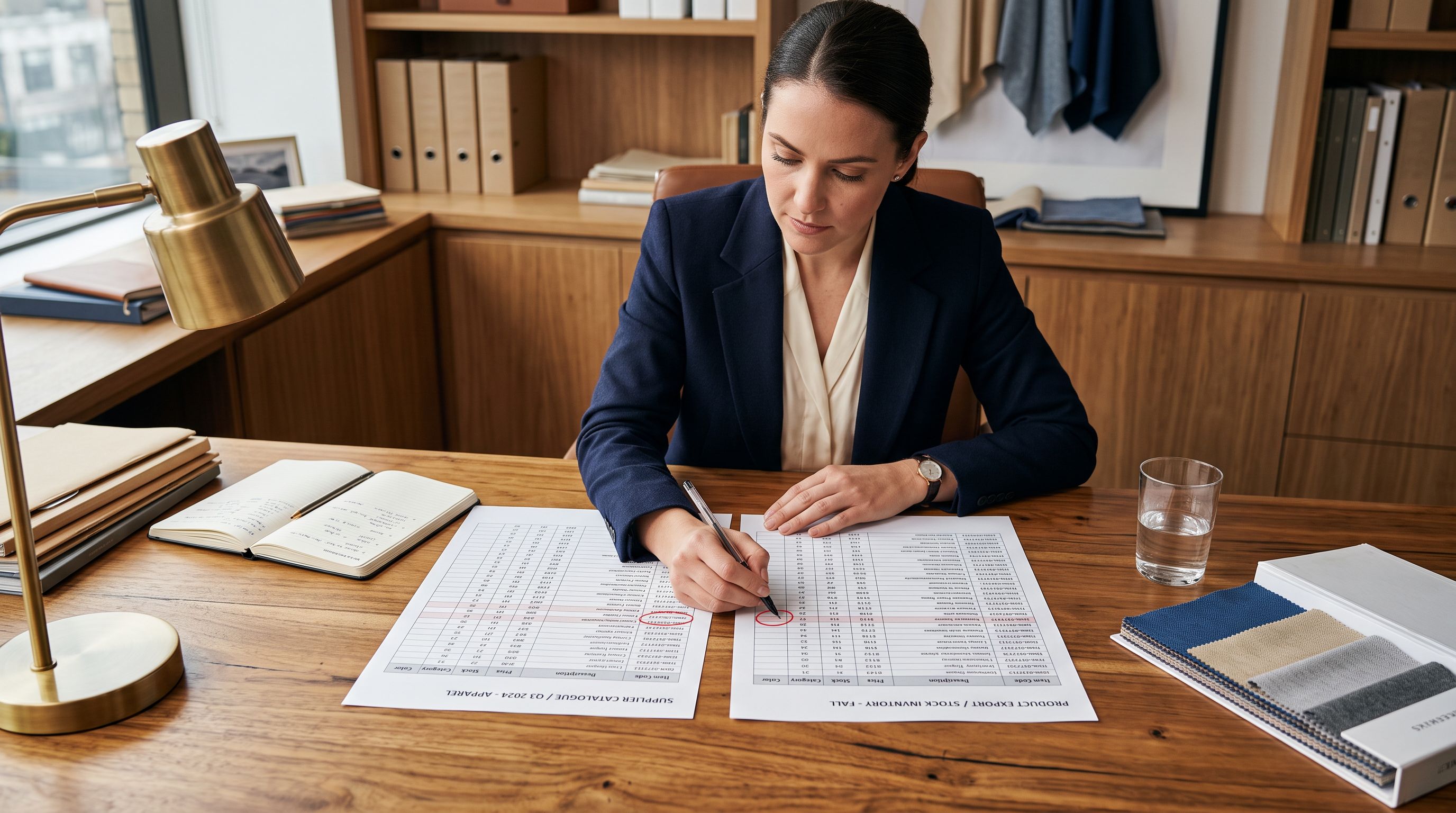 Retail buyer at a desk cross-referencing two printed product lists, one supplier catalogue and one Shopify product export, checking vendor field values against brand names.