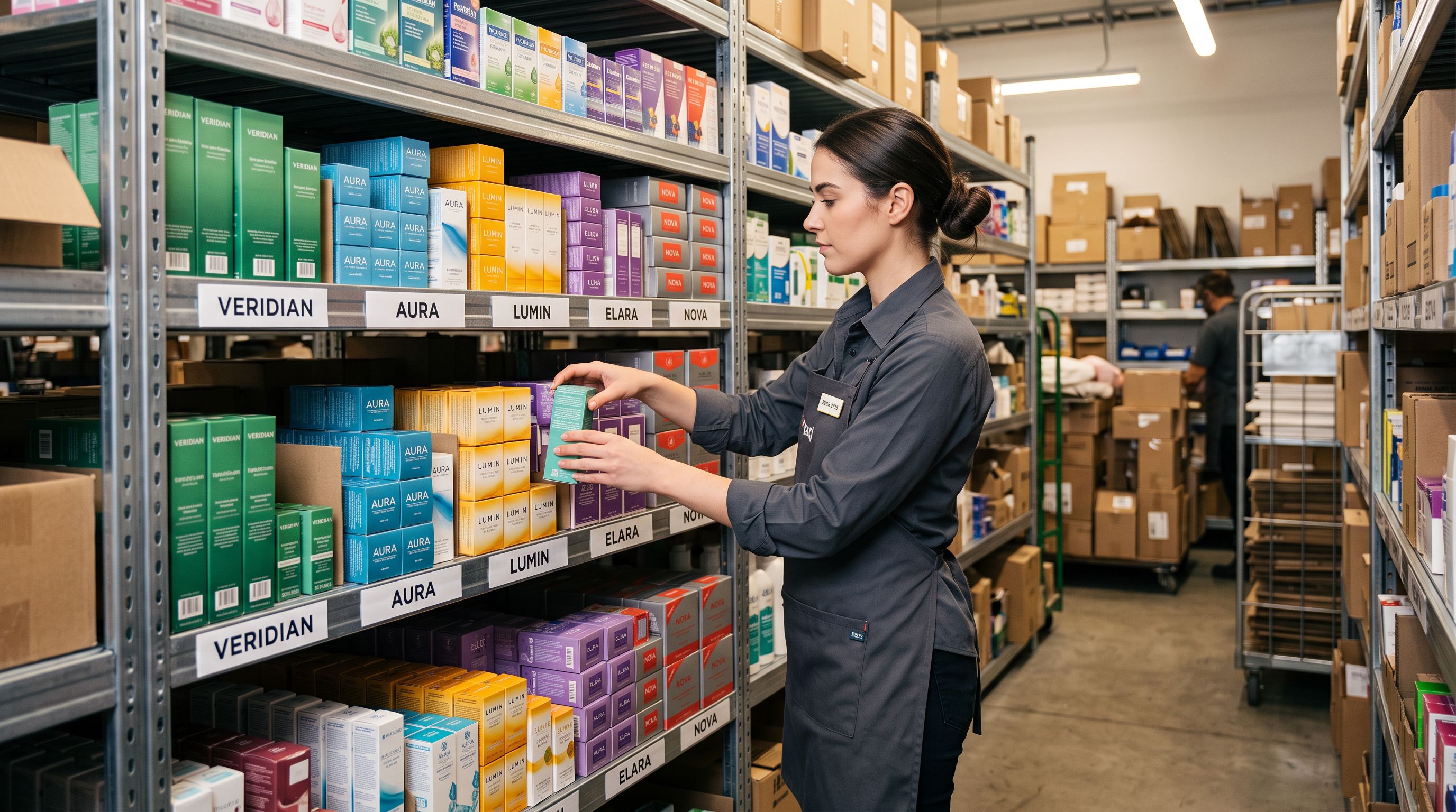 Retail store worker scanning products at a stockroom shelf, Vendor labels visible on product packaging grouped by brand name on each bay.
