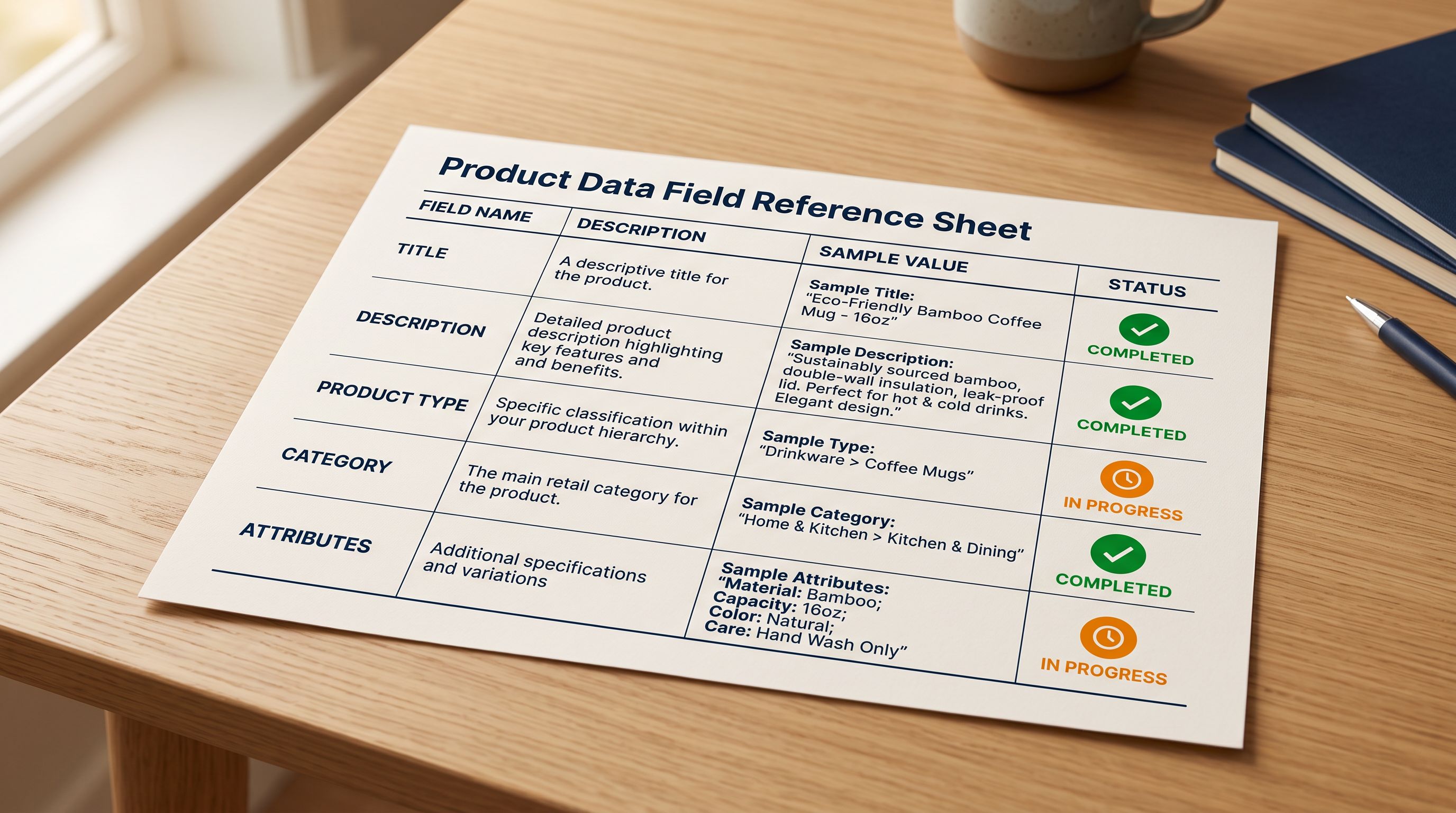 Printed product data field reference sheet showing five labelled rows for title, description, product type, category, and attributes.