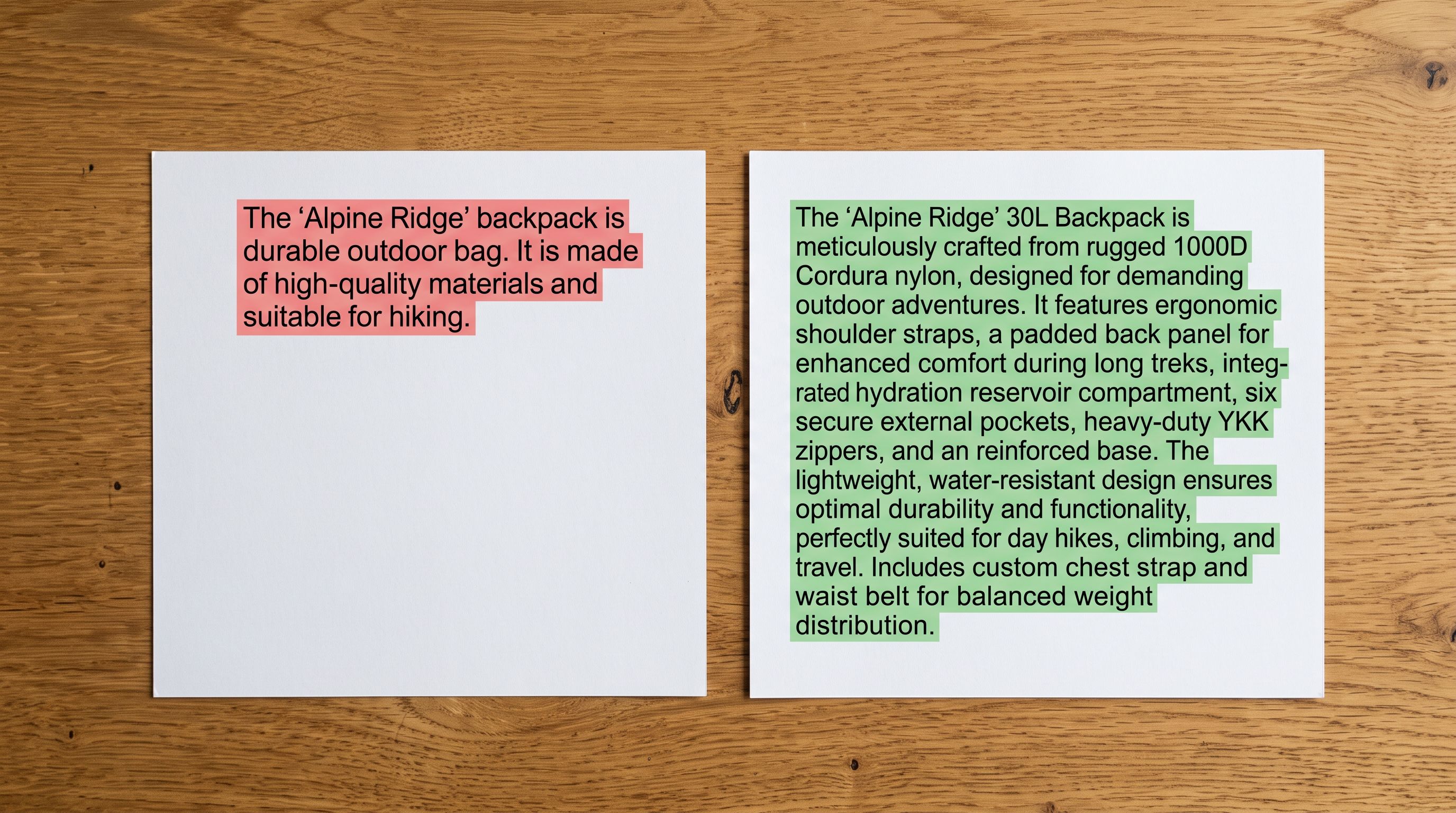 Two printed product description cards comparing a short two-sentence description against a detailed multi-paragraph description for ad creative generation.