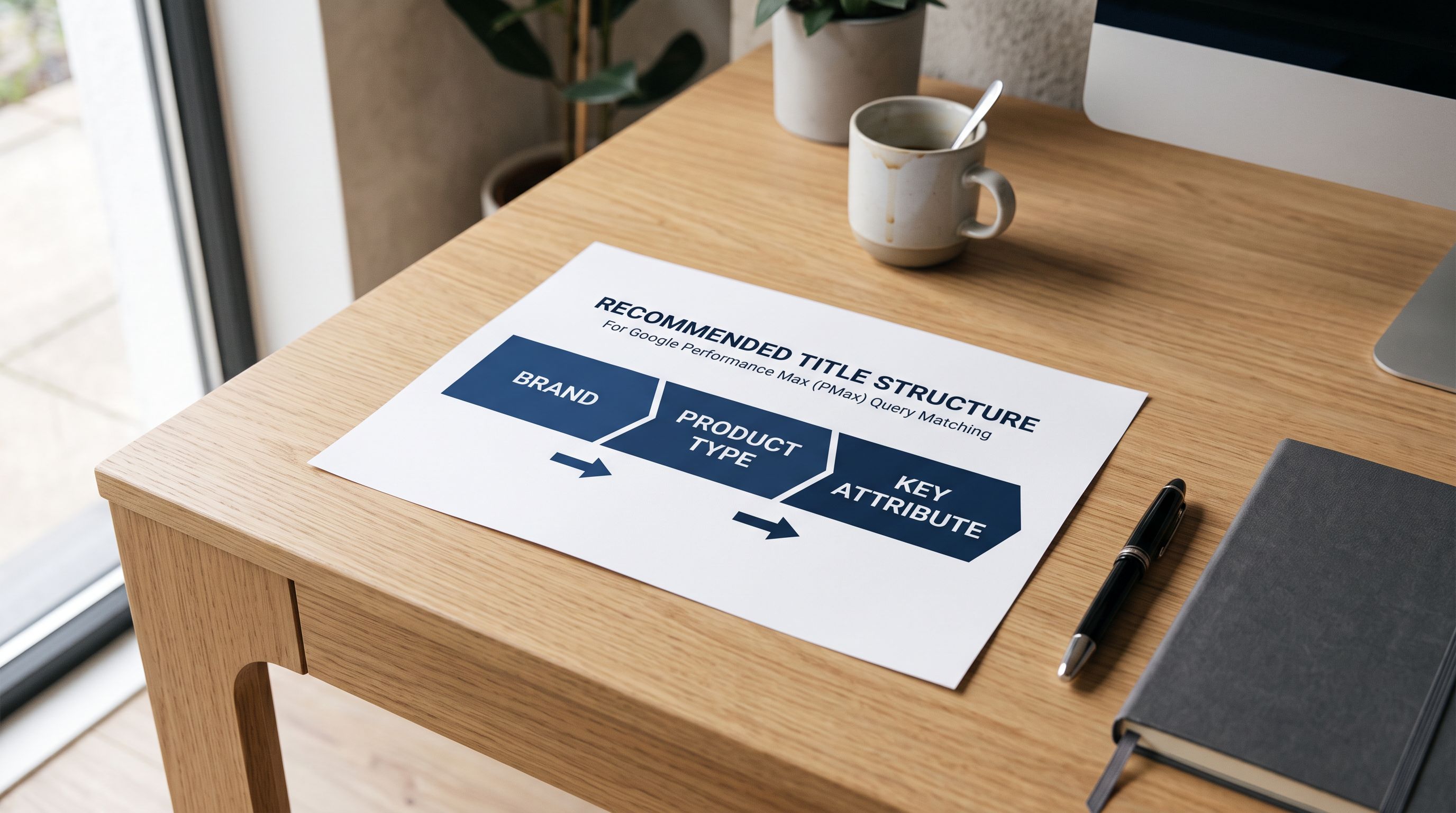 Printed product title structure diagram showing brand, product type, and key attribute segments in sequence order.