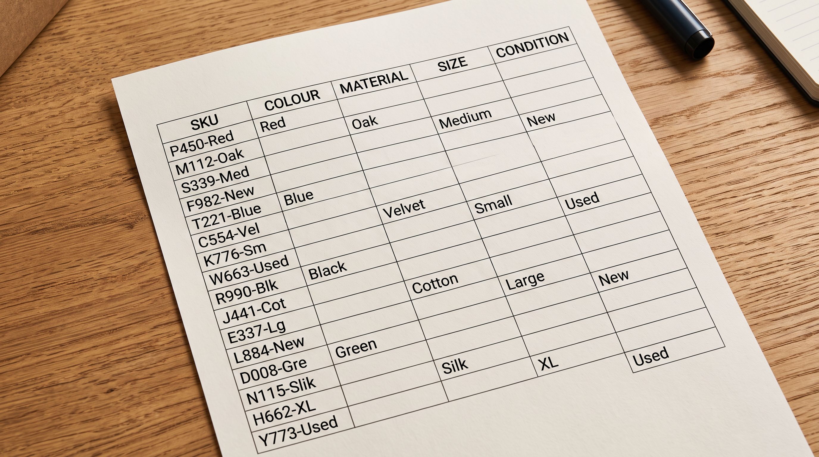 Printed product attribute data table showing SKU rows with colour, material, size, and condition columns, some cells empty.