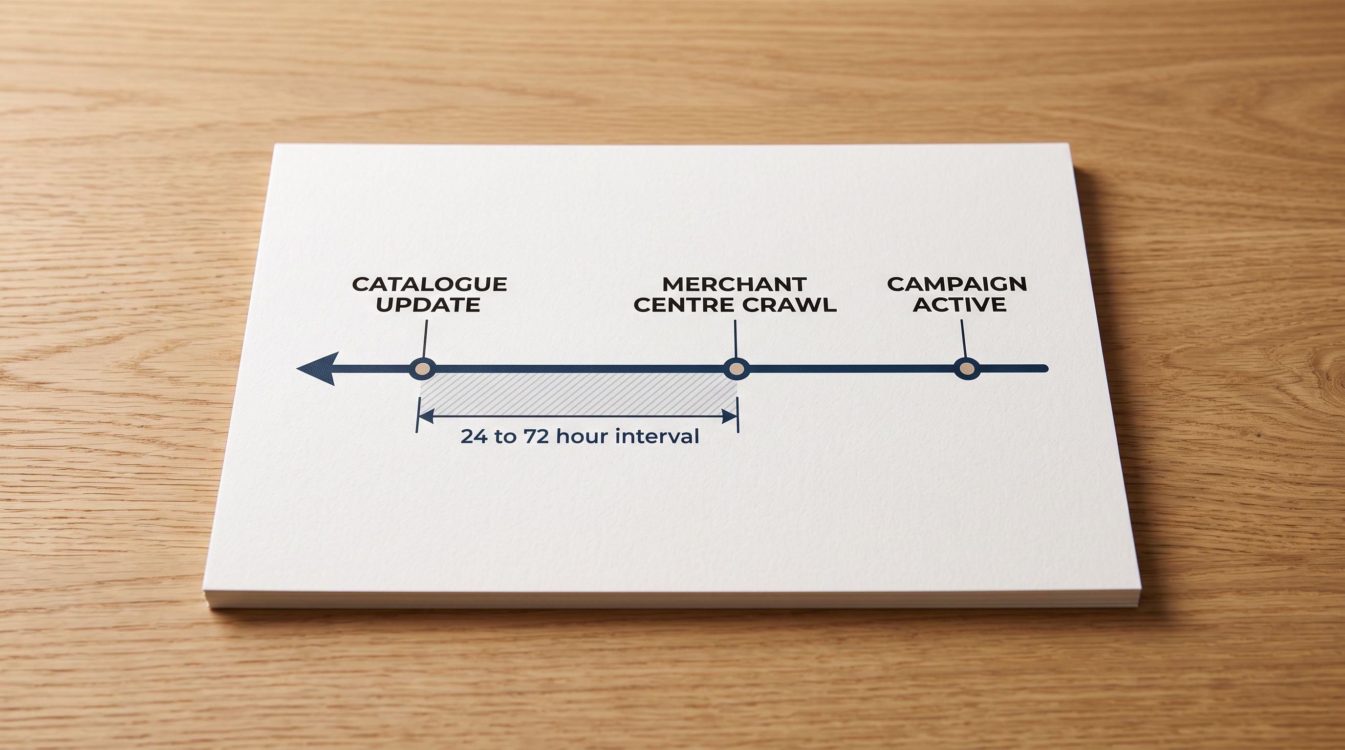 Printed product data timeline diagram showing catalogue update, Merchant Centre crawl, and campaign active milestones with a 24 to 72 hour interval marked.