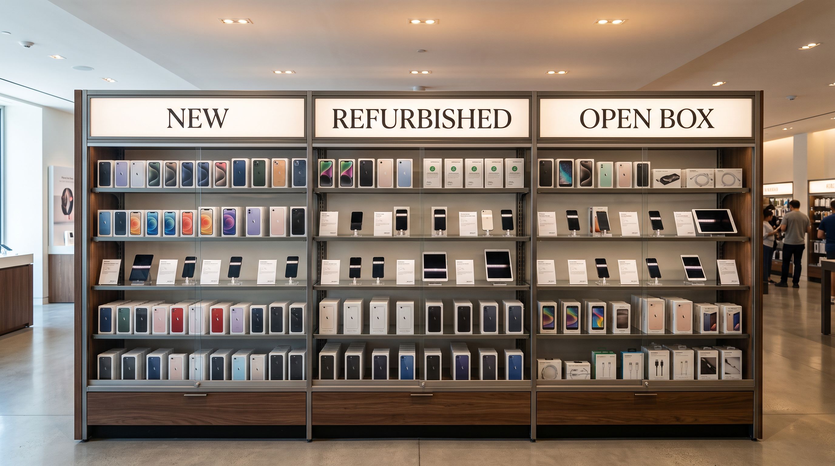 Electronics retail display shelving with New, Refurbished, and Open Box section dividers and boxed products.