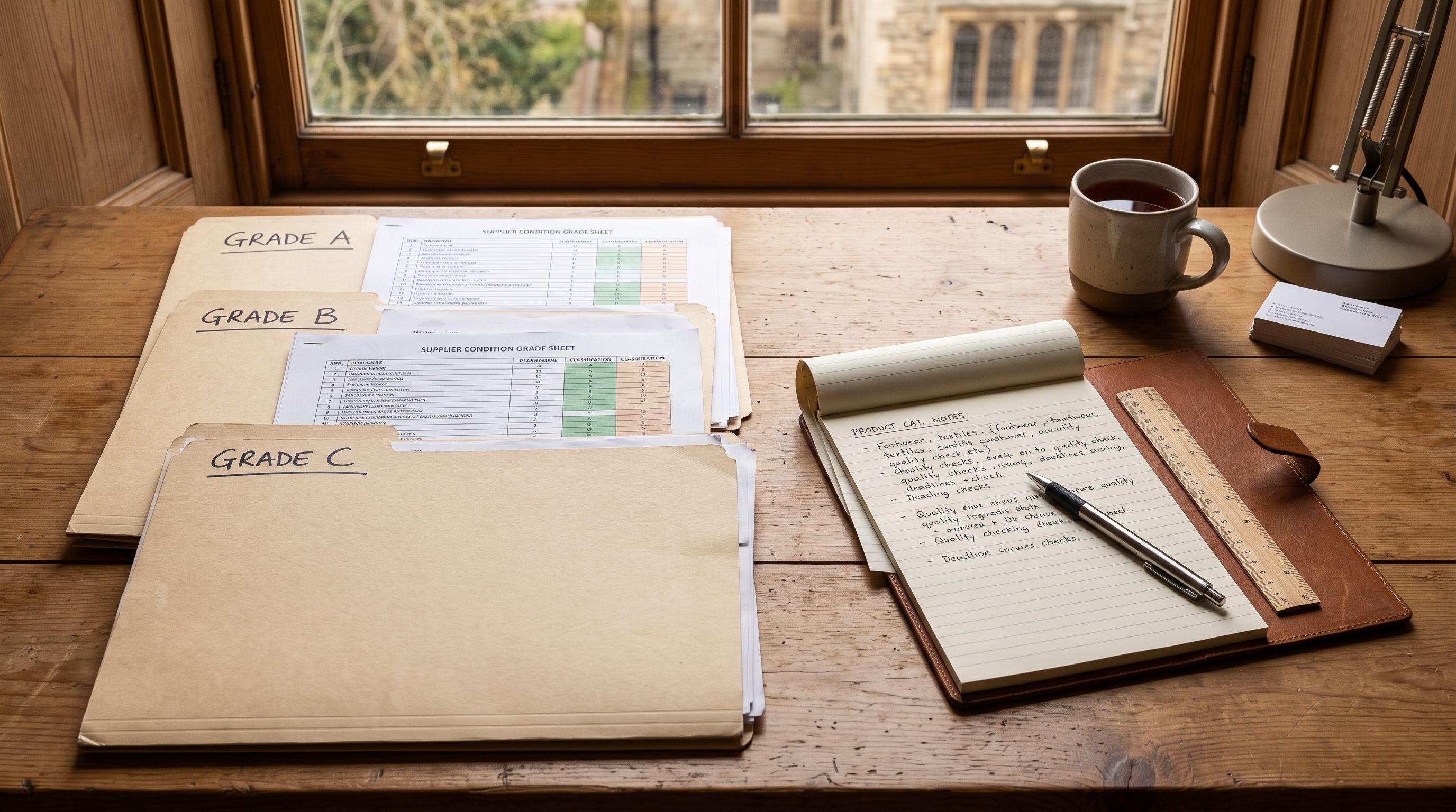 Merchant planning workspace with printed supplier condition grade sheets organised into labelled manila folders.
