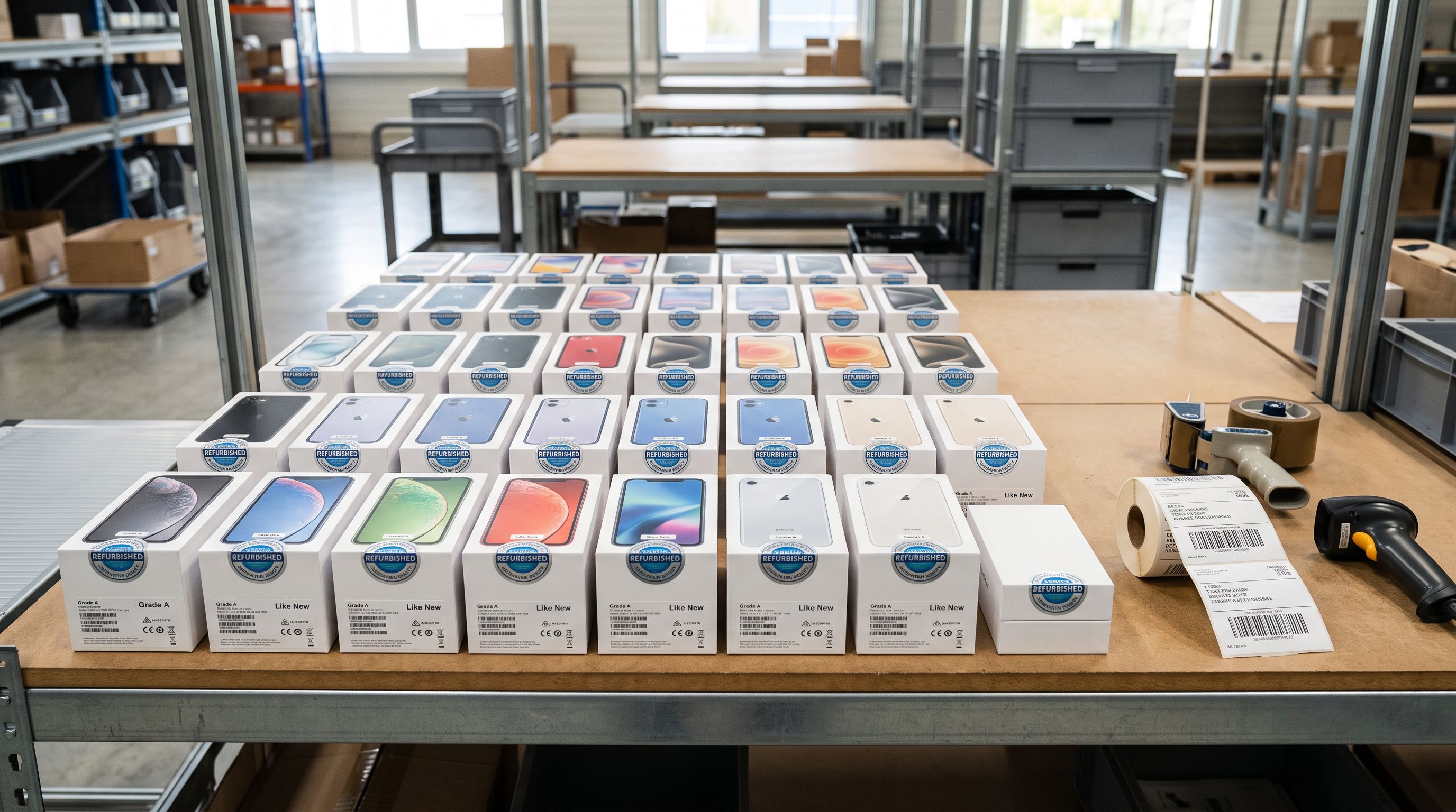Dispatch staging area with certified refurbished consumer device packaging arranged in rows with condition seal stickers.