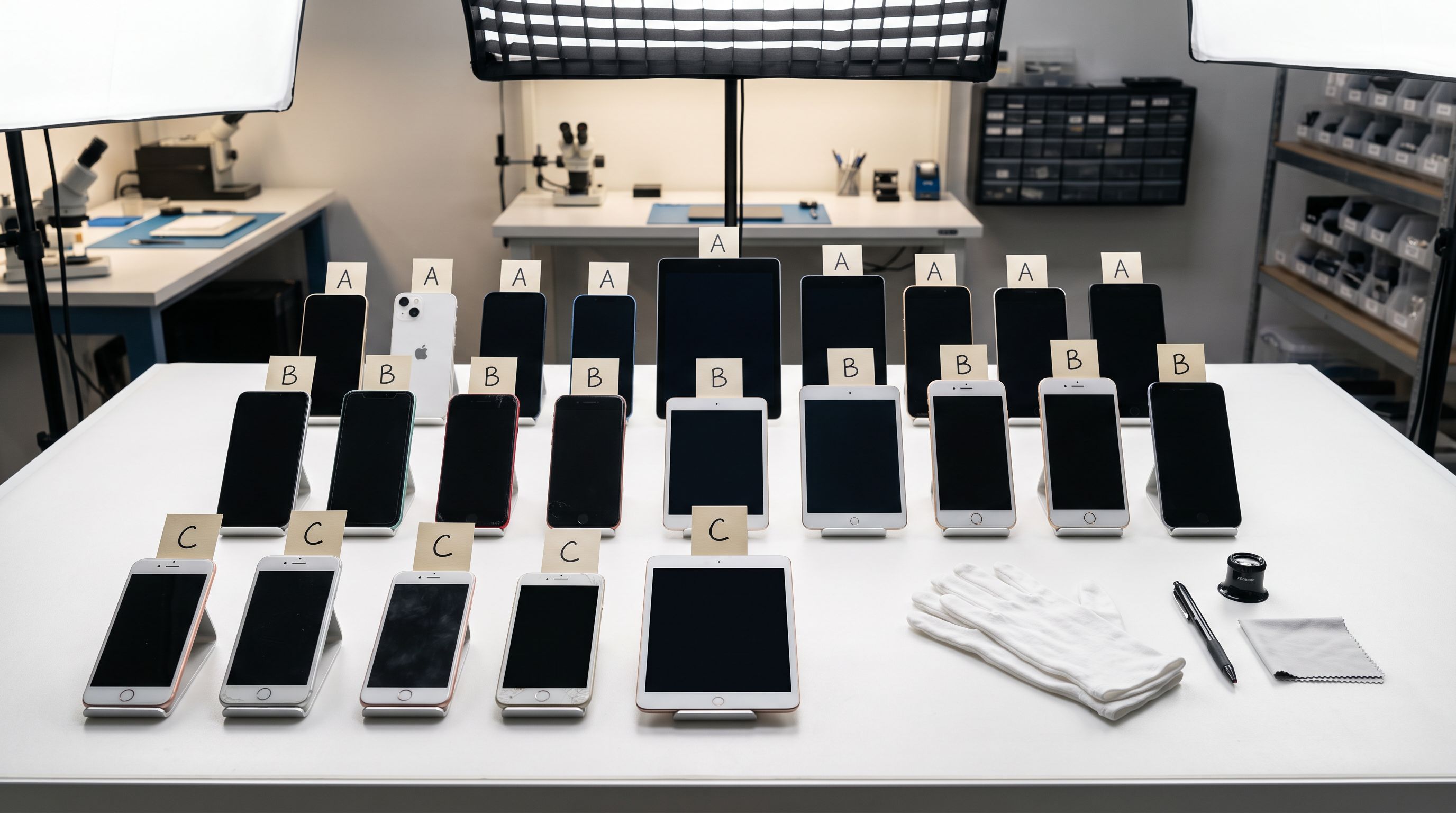 Certified refurbished consumer electronics arranged on a grading table with condition labels and inspection tools.