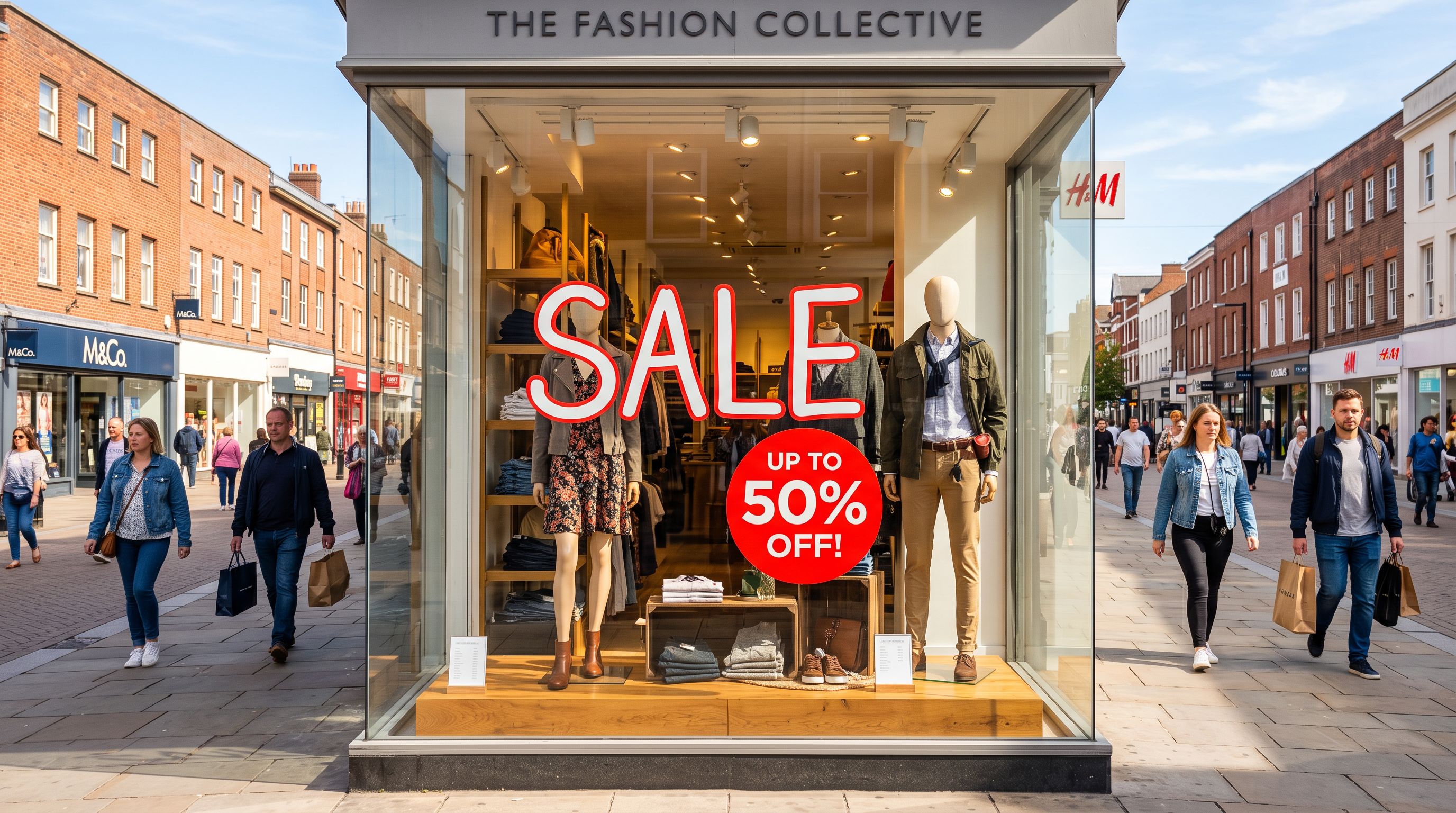 A retail store window showing a sale sign with a percentage-off sticker, bright daylight visible outside on a commercial shopping street.