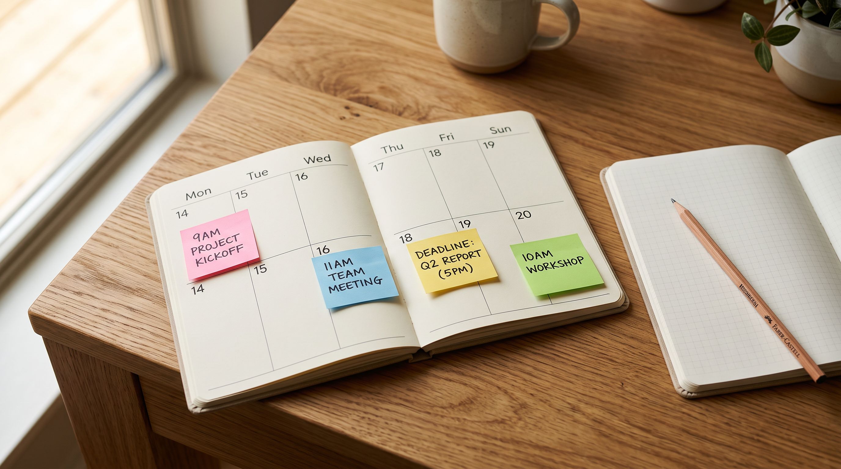 A desk calendar opened to a weekly spread with coloured sticky note markers on specific days, pencil and notebook beside it.