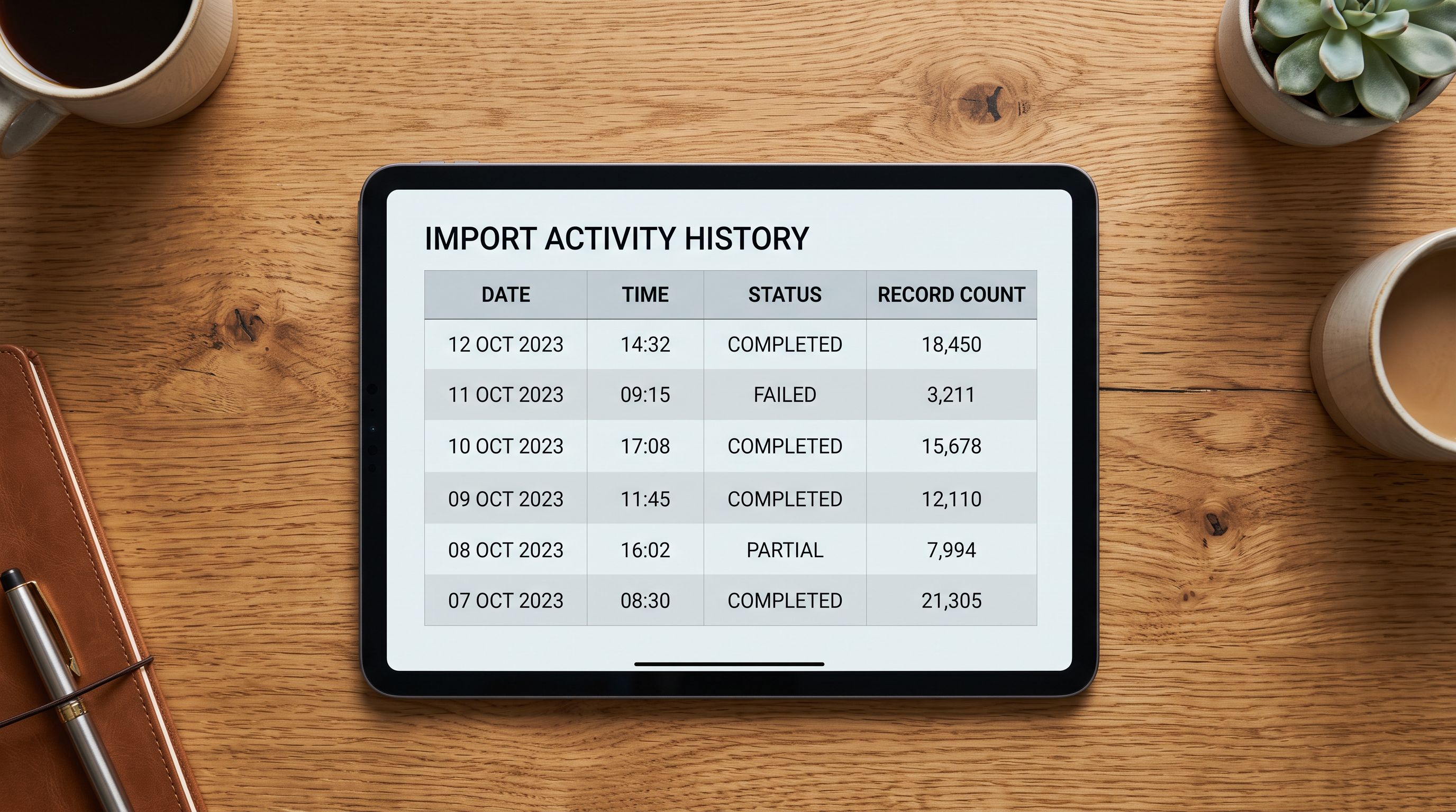 A tablet on a wooden desk showing a structured log table with dates, times, and record counts representing import history.