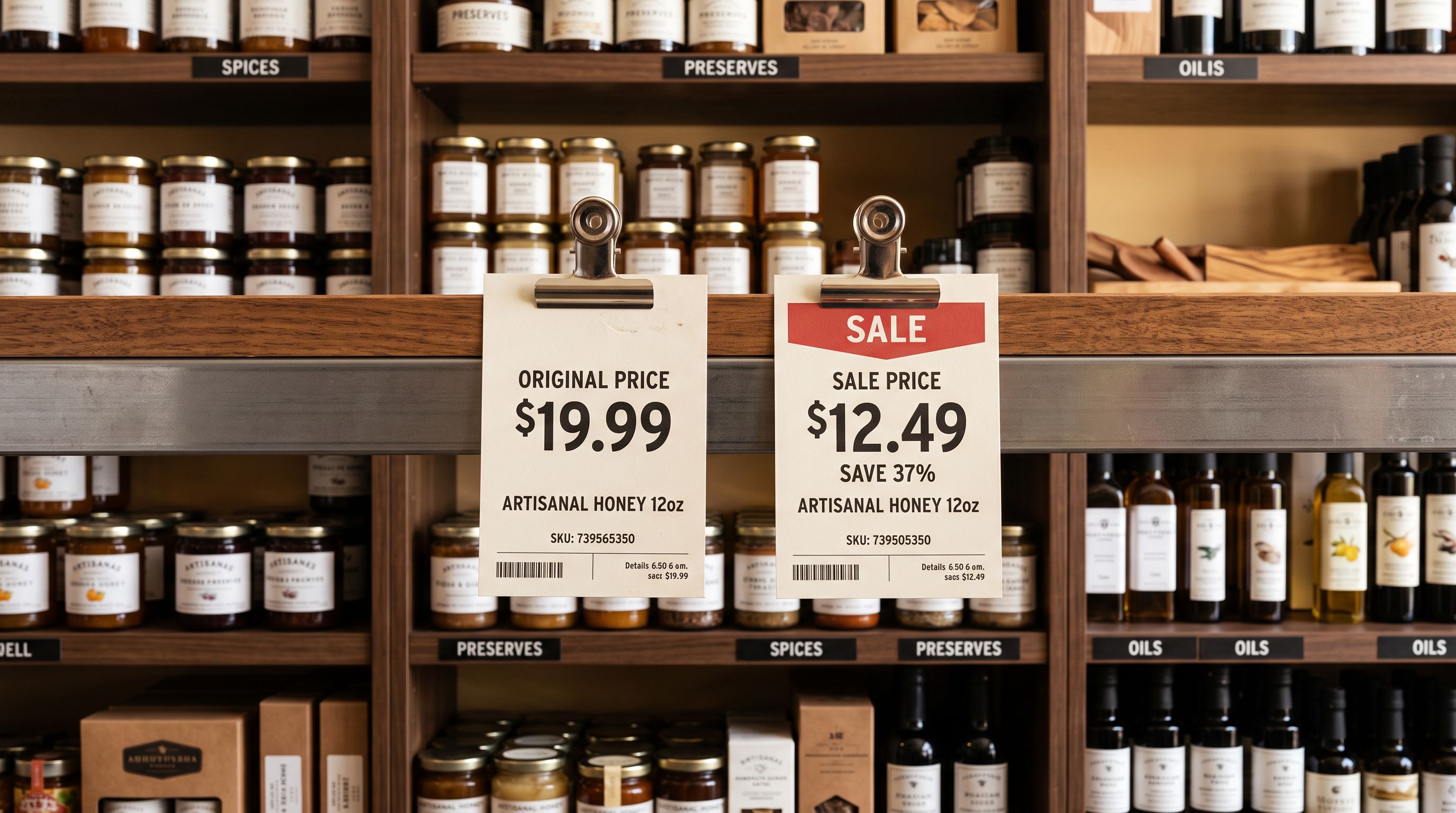 Two identical product price tags side by side on a retail shelf, one showing a higher price and one showing a lower sale price, representing a price gap between channels.