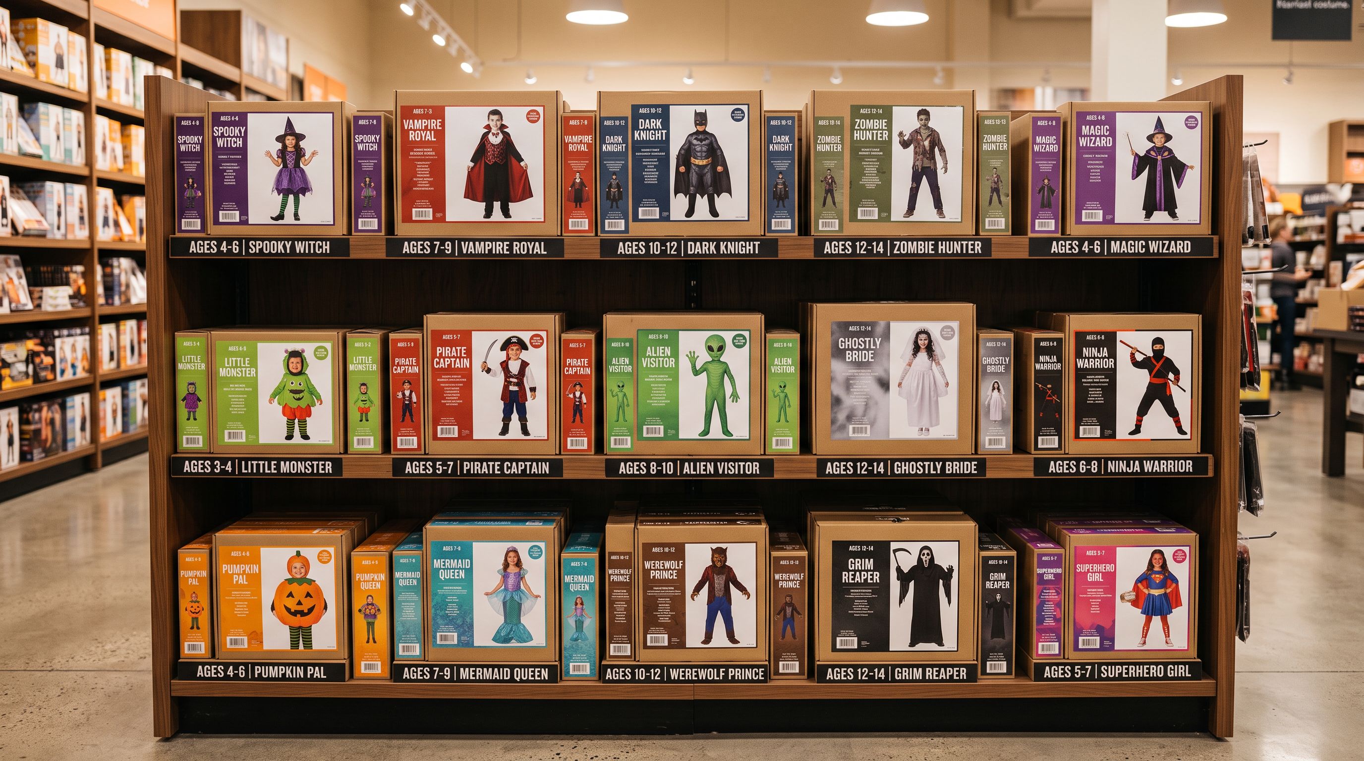 Packaged Halloween costume boxes arranged in neat rows on a retail shelving unit, each box labelled with age category and costume theme.