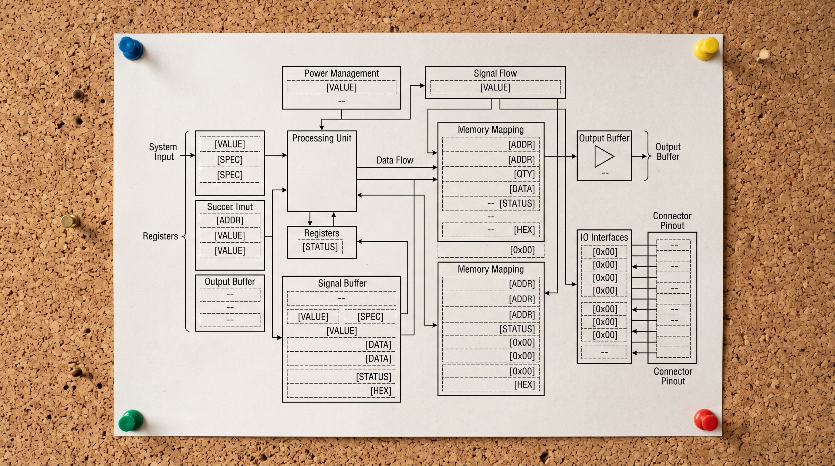Printed component interface diagram on a corkboard showing empty data slots where product metafield values are expected