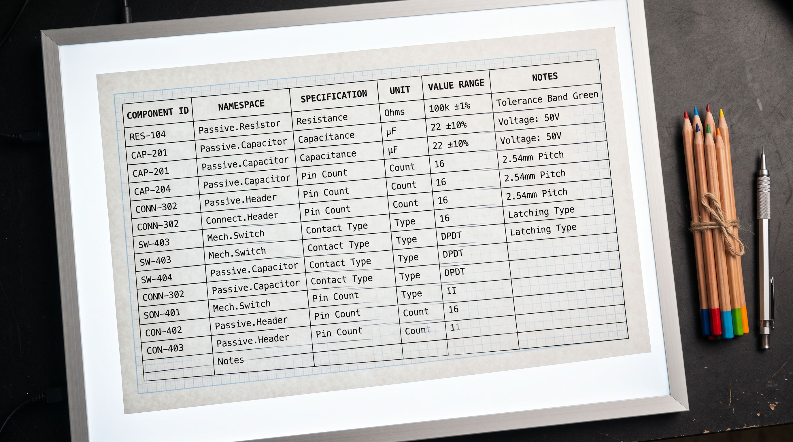 Printed component specification chart on graph paper showing namespace and key column headers with typed data field rows