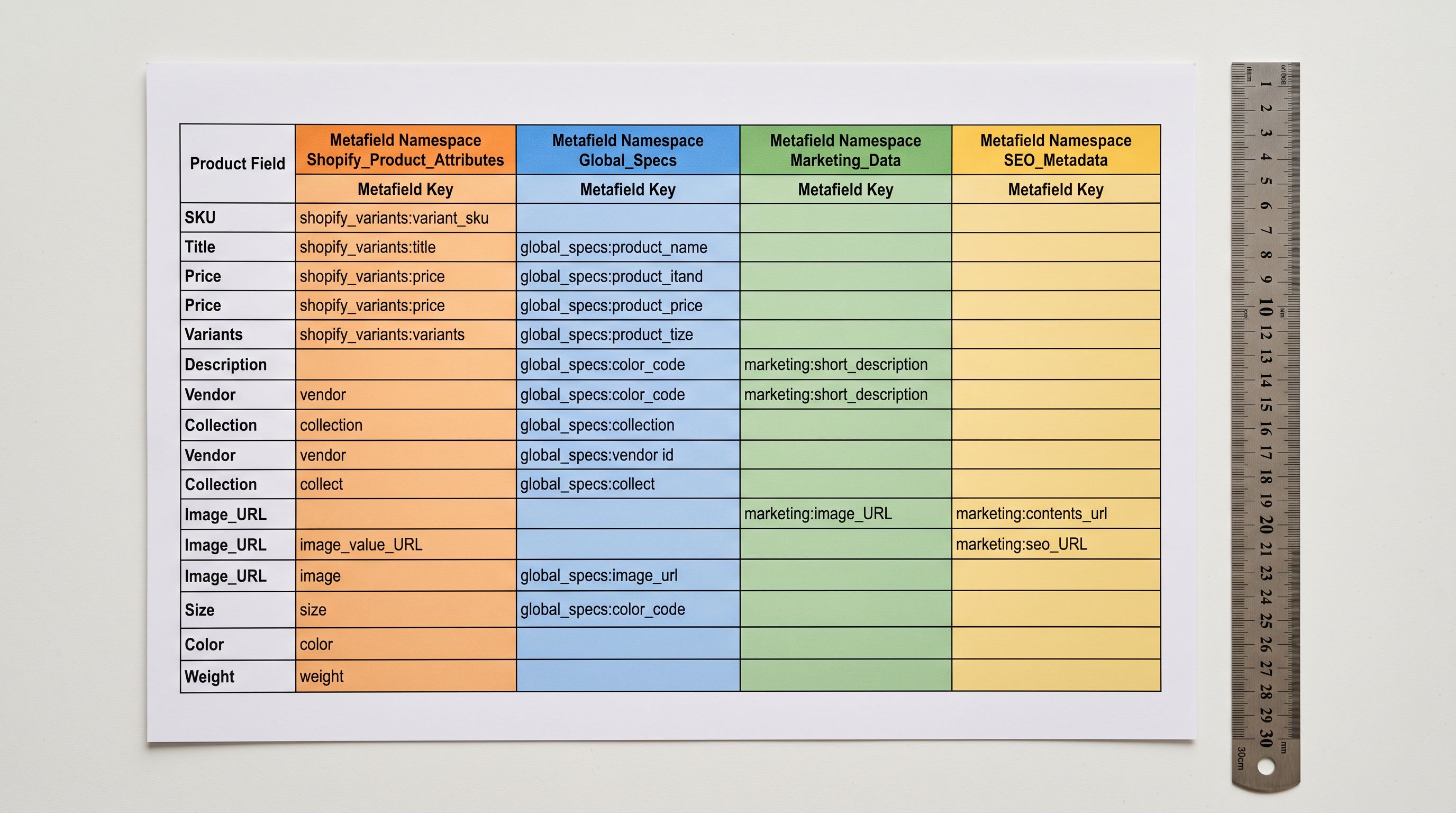 Colour-coded attribute mapping worksheet with product field rows and metafield namespace and key columns with a metal ruler