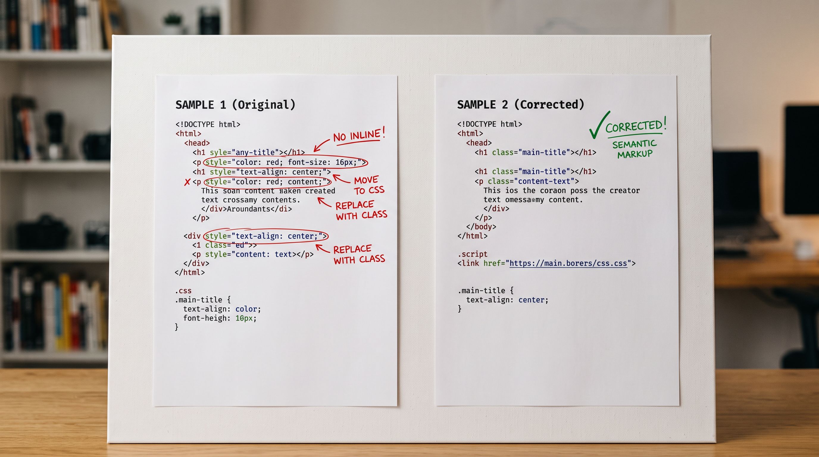 Two printed code samples side by side showing inline style attributes marked in red and clean corrected paragraph markup in green