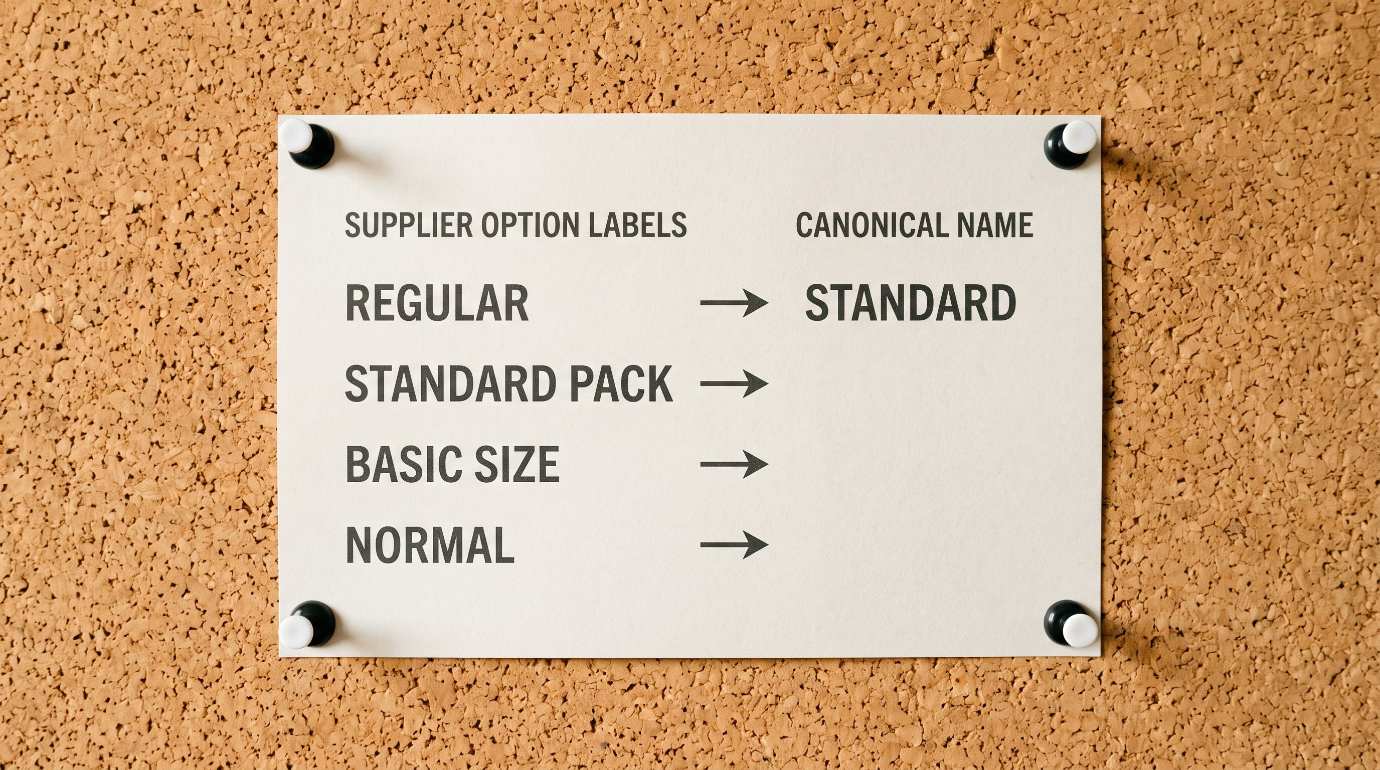 Printed variant option name normalisation card showing four supplier option labels mapped with arrows to a single canonical name