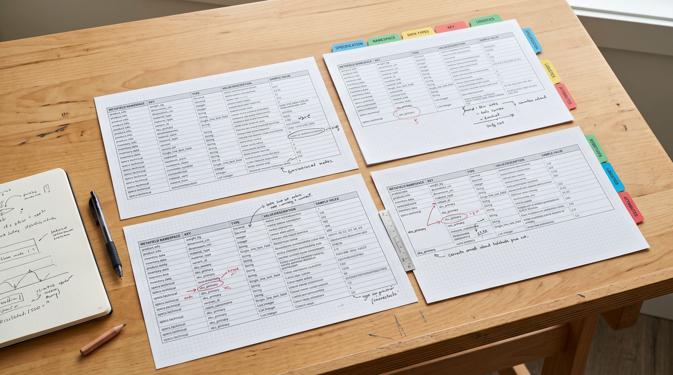 Printed product data specification sheets on a drafting table with metafield namespace and key columns annotated