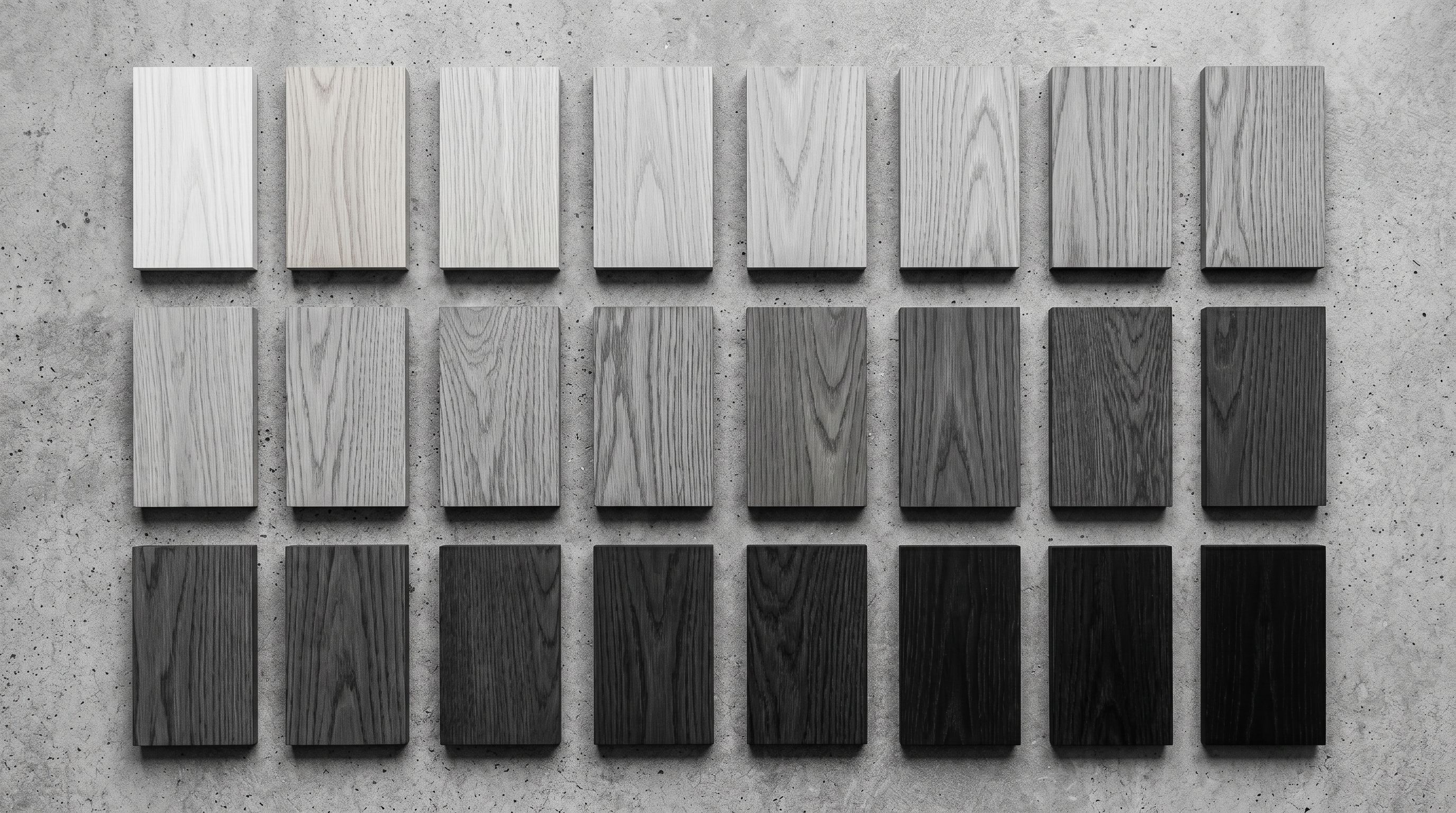 Timber finish samples arranged from pale ash to dark charcoal on a concrete surface.