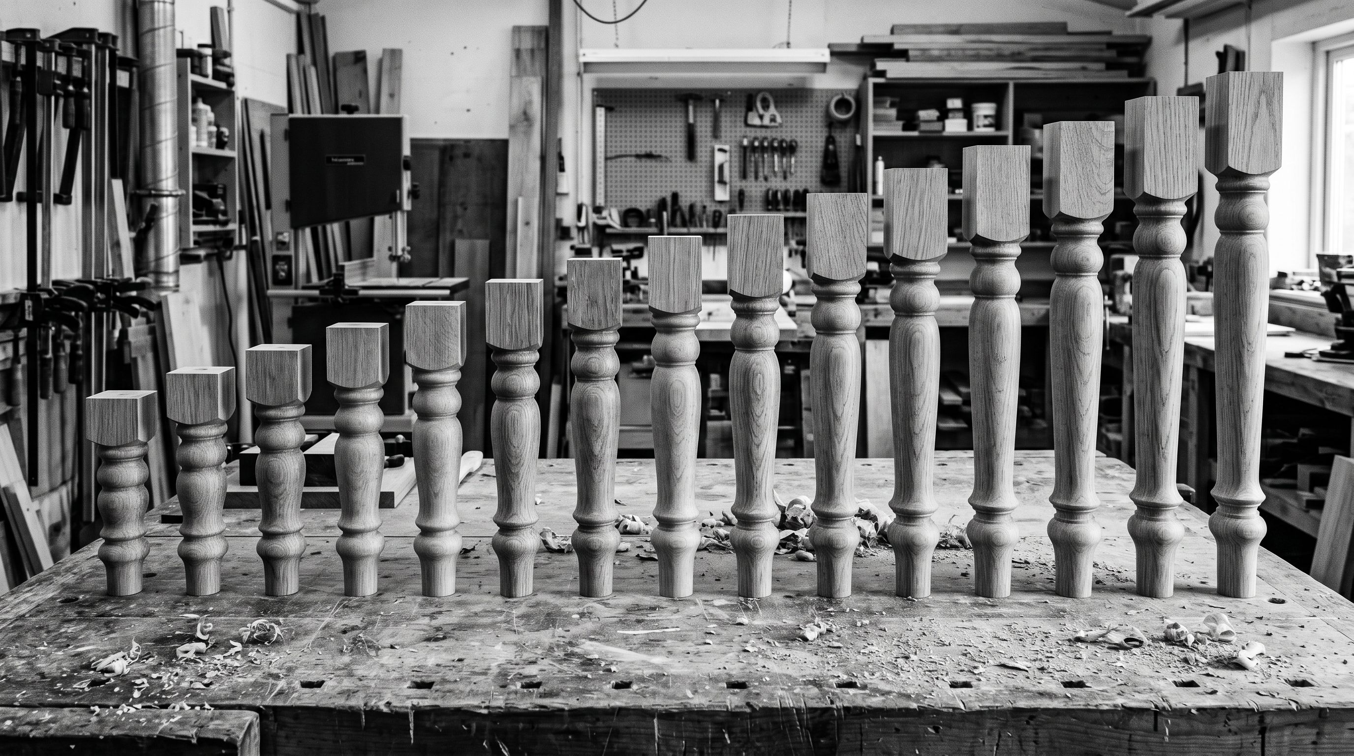 Timber table legs of graduating heights arranged side by side on a workshop bench.