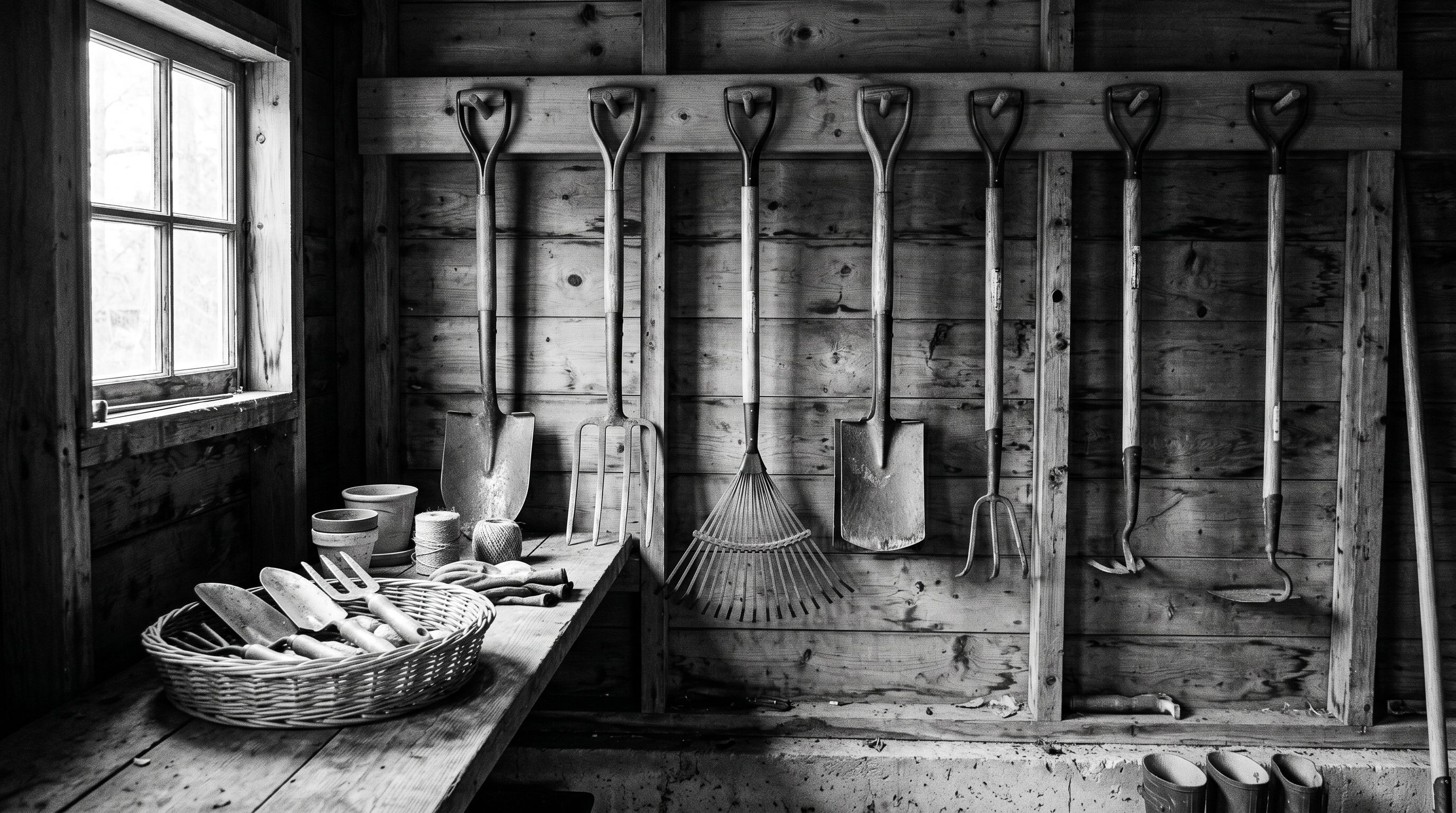 Garden tools hanging in a neat row on a timber rack inside a well-organised shed.