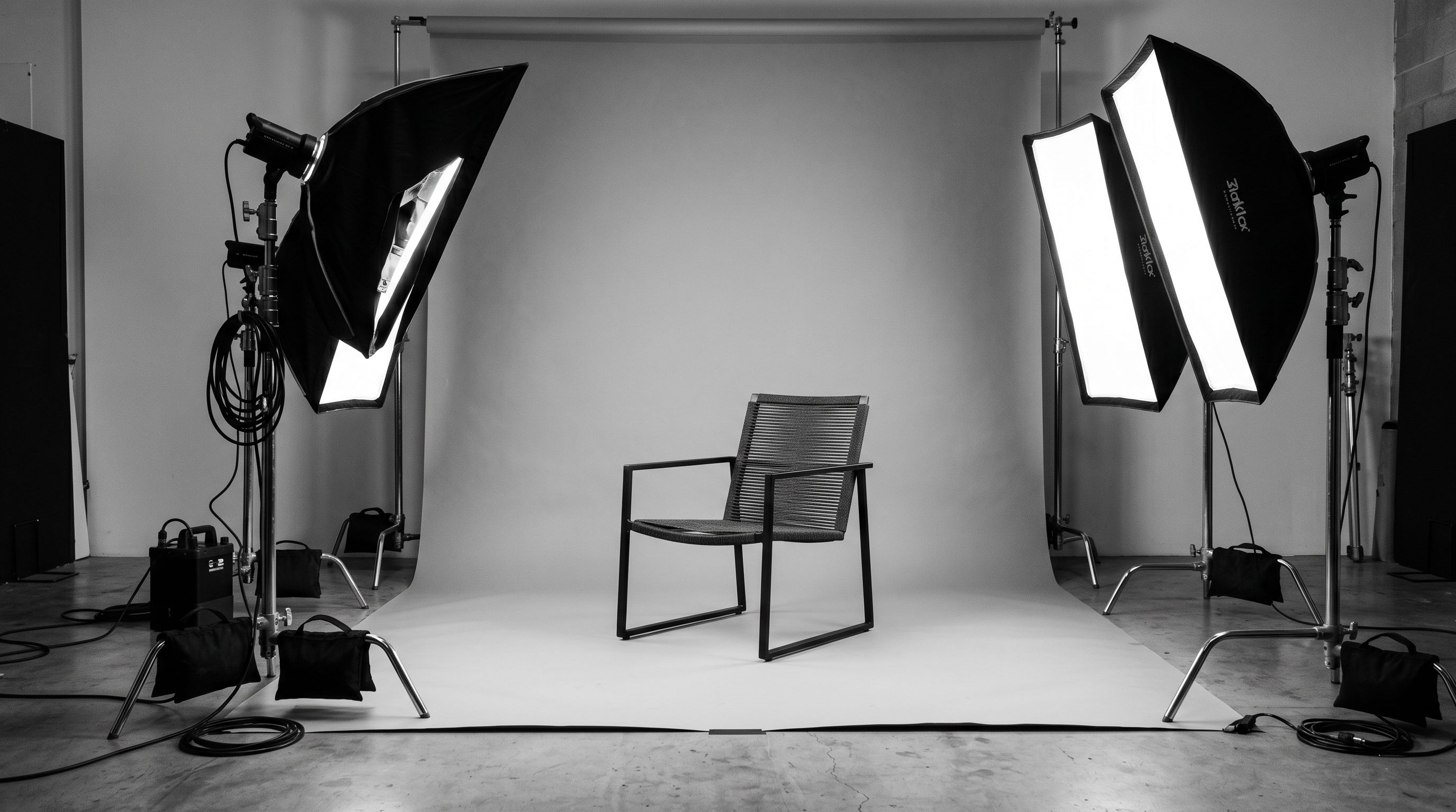Outdoor chair positioned on a studio backdrop with softbox lighting visible on each side.