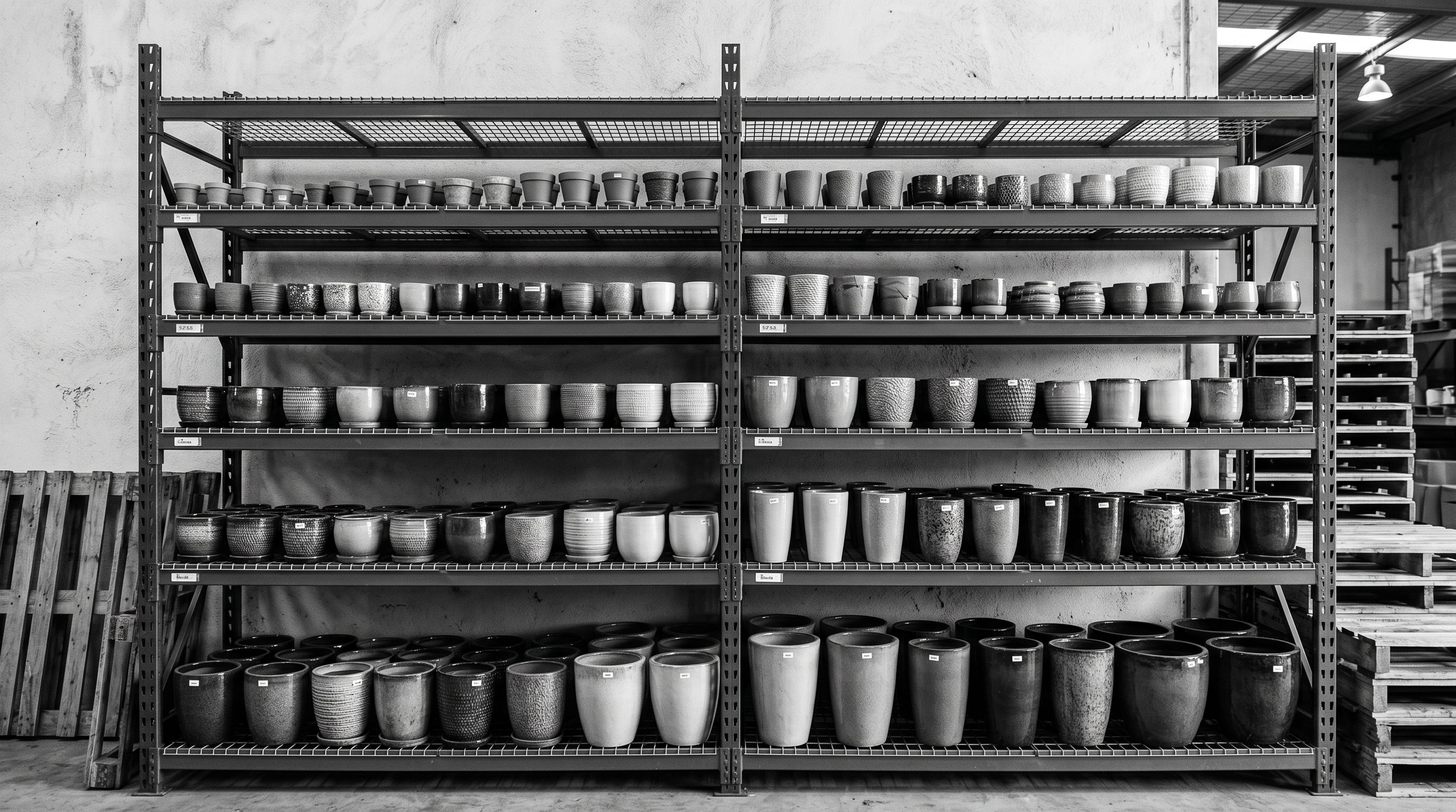 Ceramic garden planters arranged by size on warehouse shelving against a rendered wall.