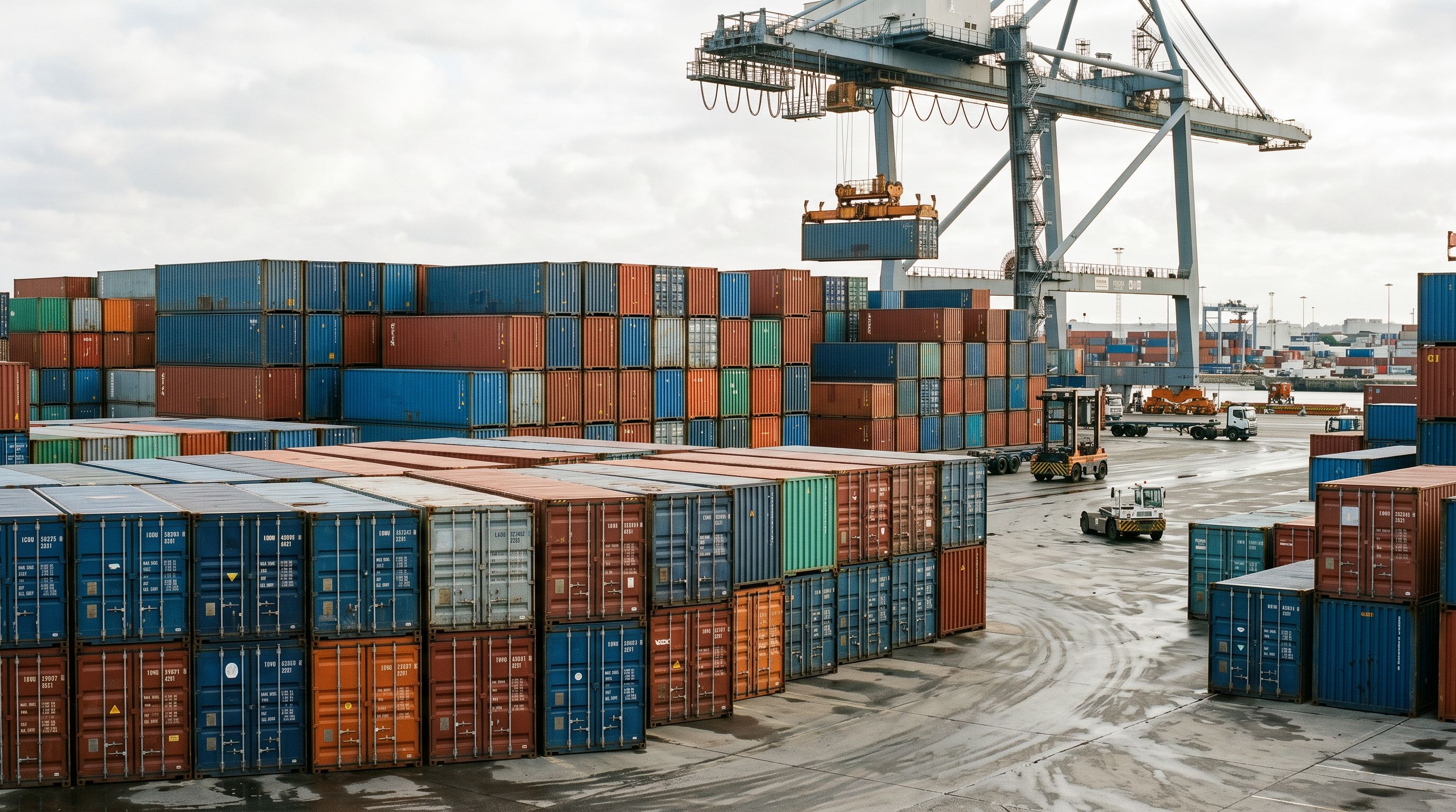 Sealed shipping containers stacked at an international port terminal with an overhead crane visible in the background.