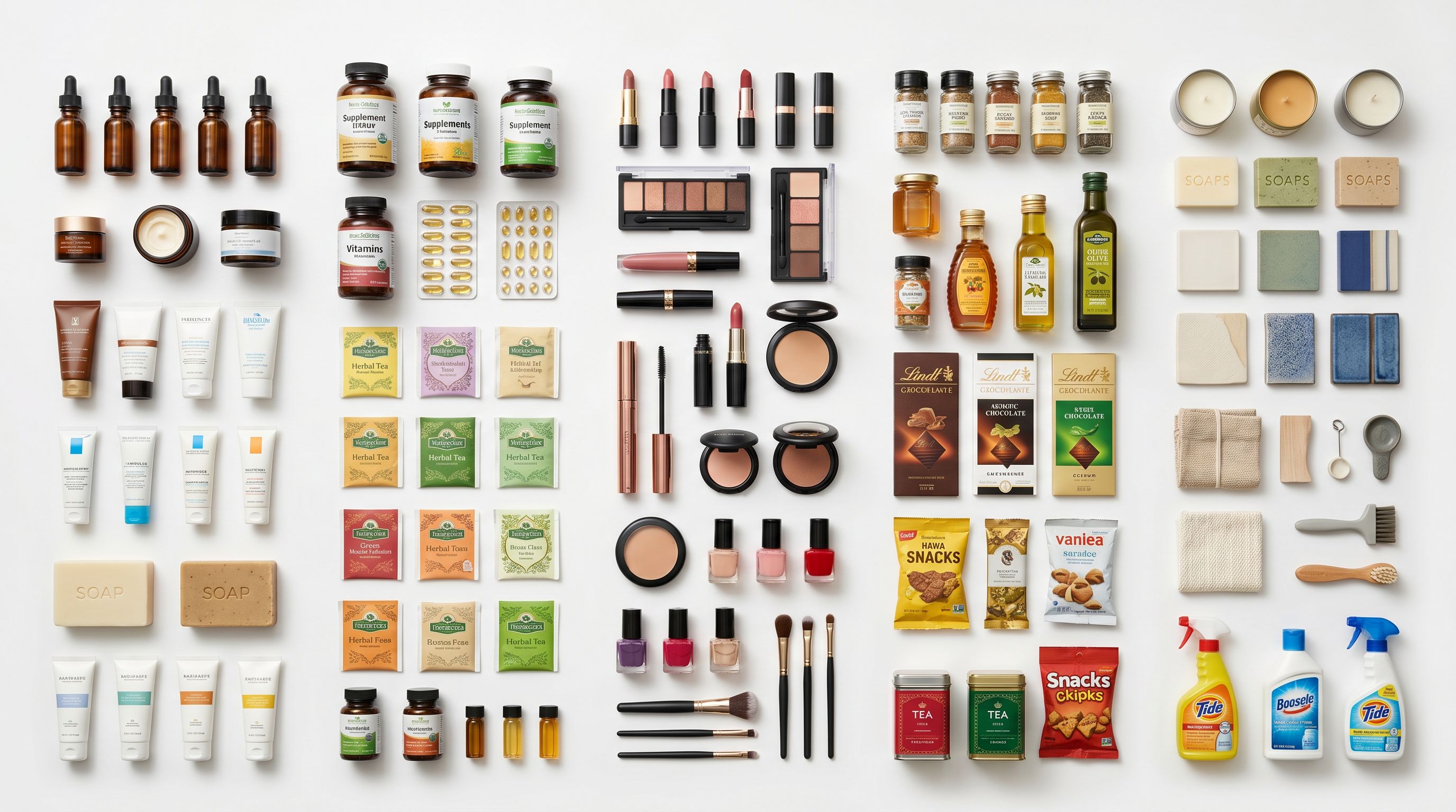 Product samples sorted into separate groups on a flat surface, each category neatly separated and viewed from directly above.
