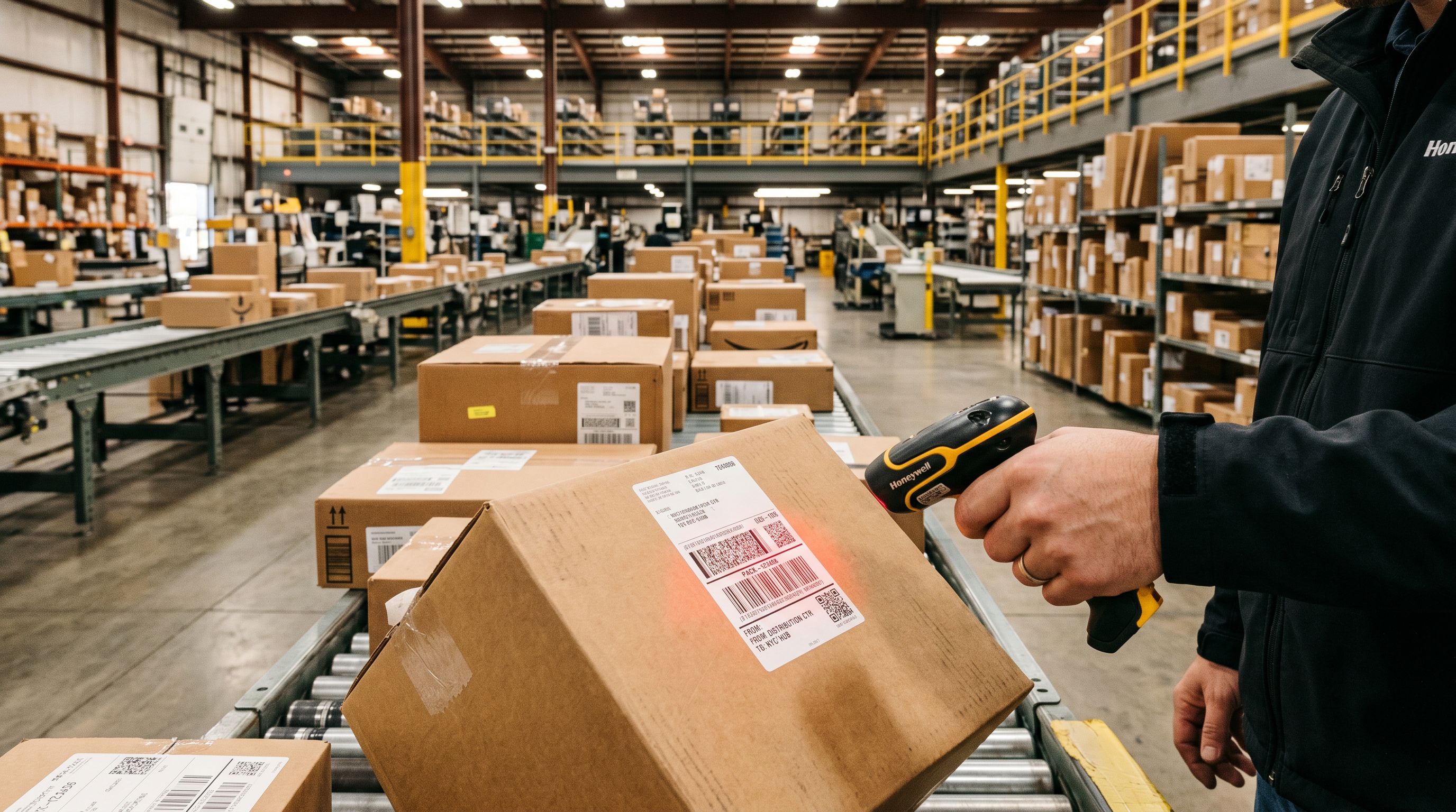A handheld barcode scanner pointed at a product barcode on a parcel in a distribution centre, with additional packages on a conveyor belt behind.