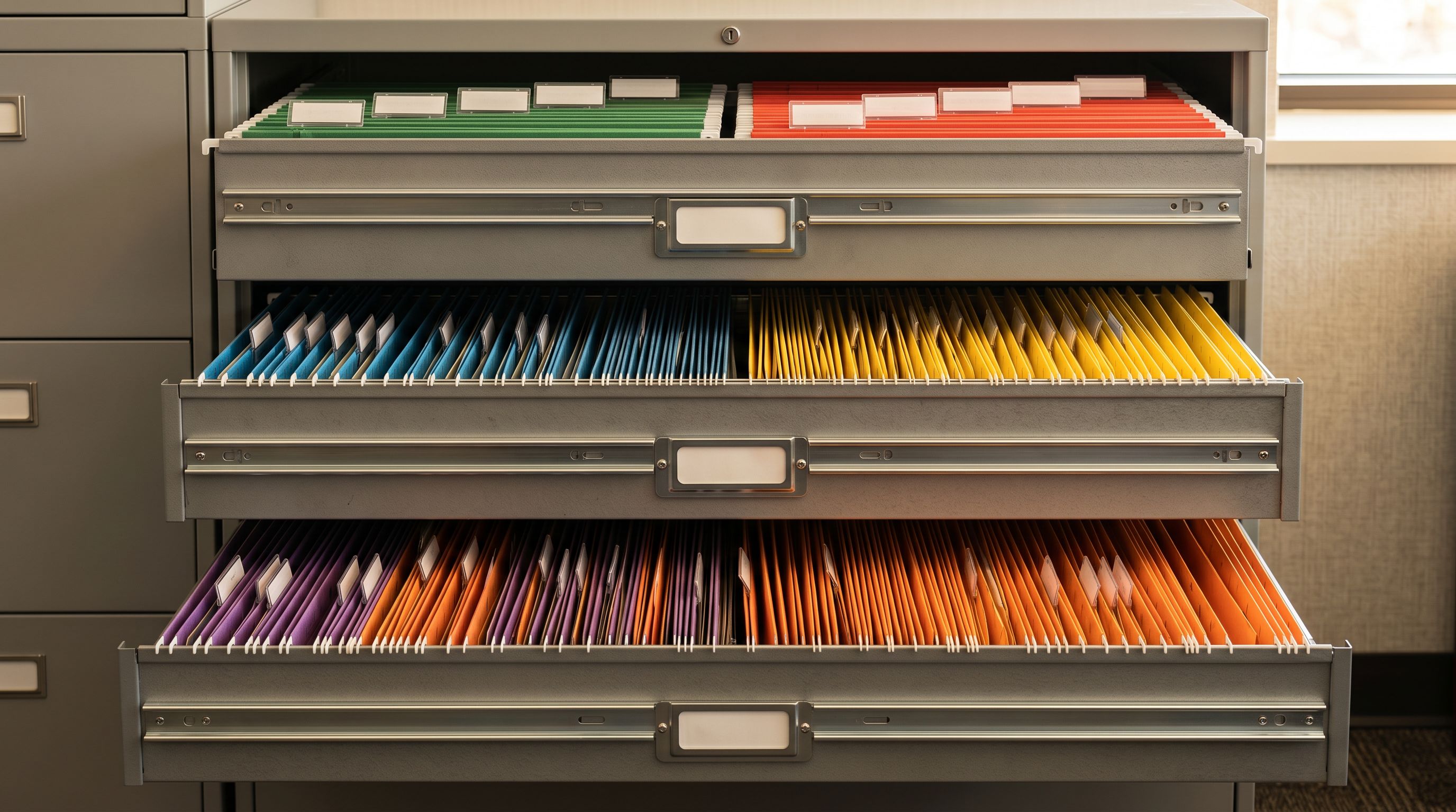 Open filing cabinet drawers containing rows of colour-coded folders arranged by category, viewed from the front at eye level.