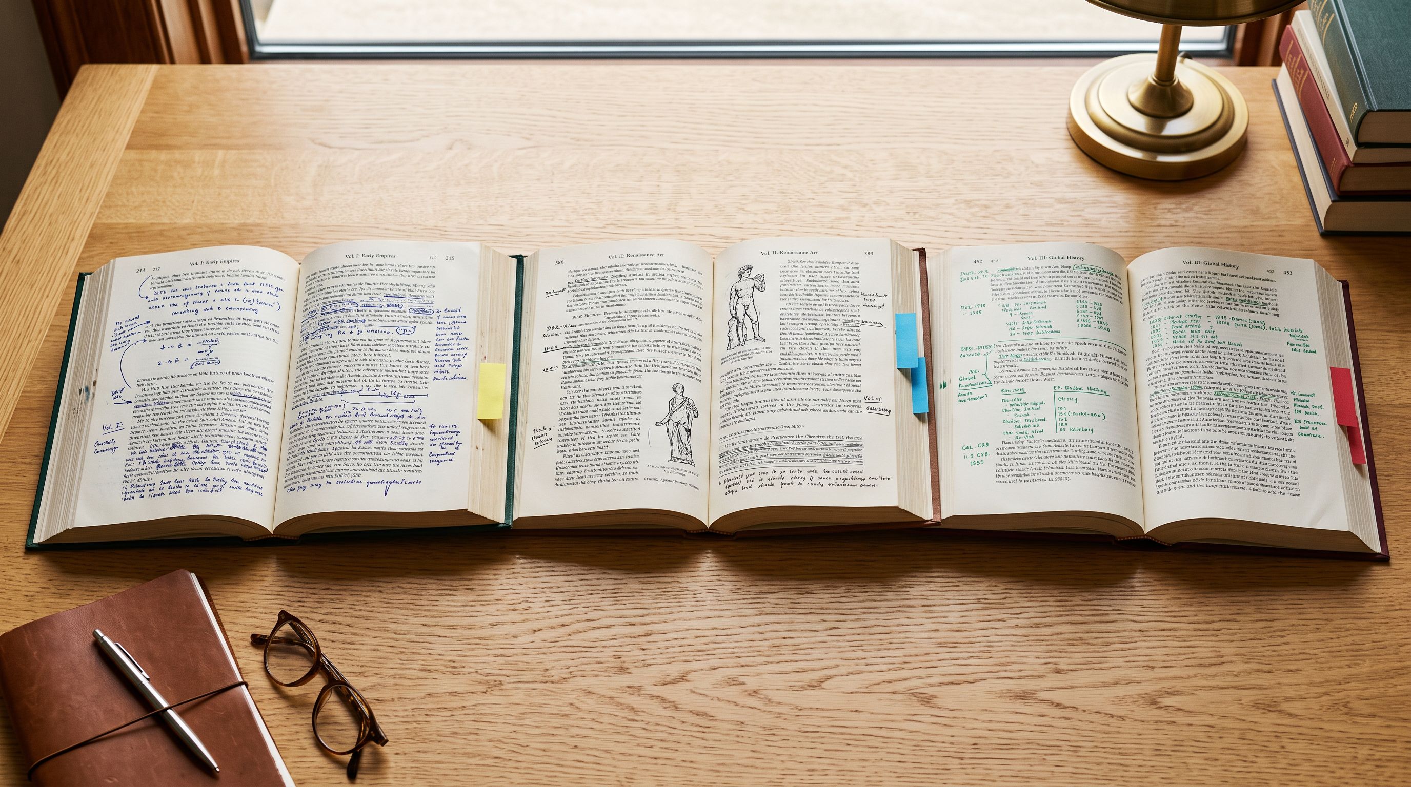 Three open reference books placed side by side on a white library table, each bookmarked at a different page and annotated with sticky notes in different colours showing field names, character counts, and audience labels.
