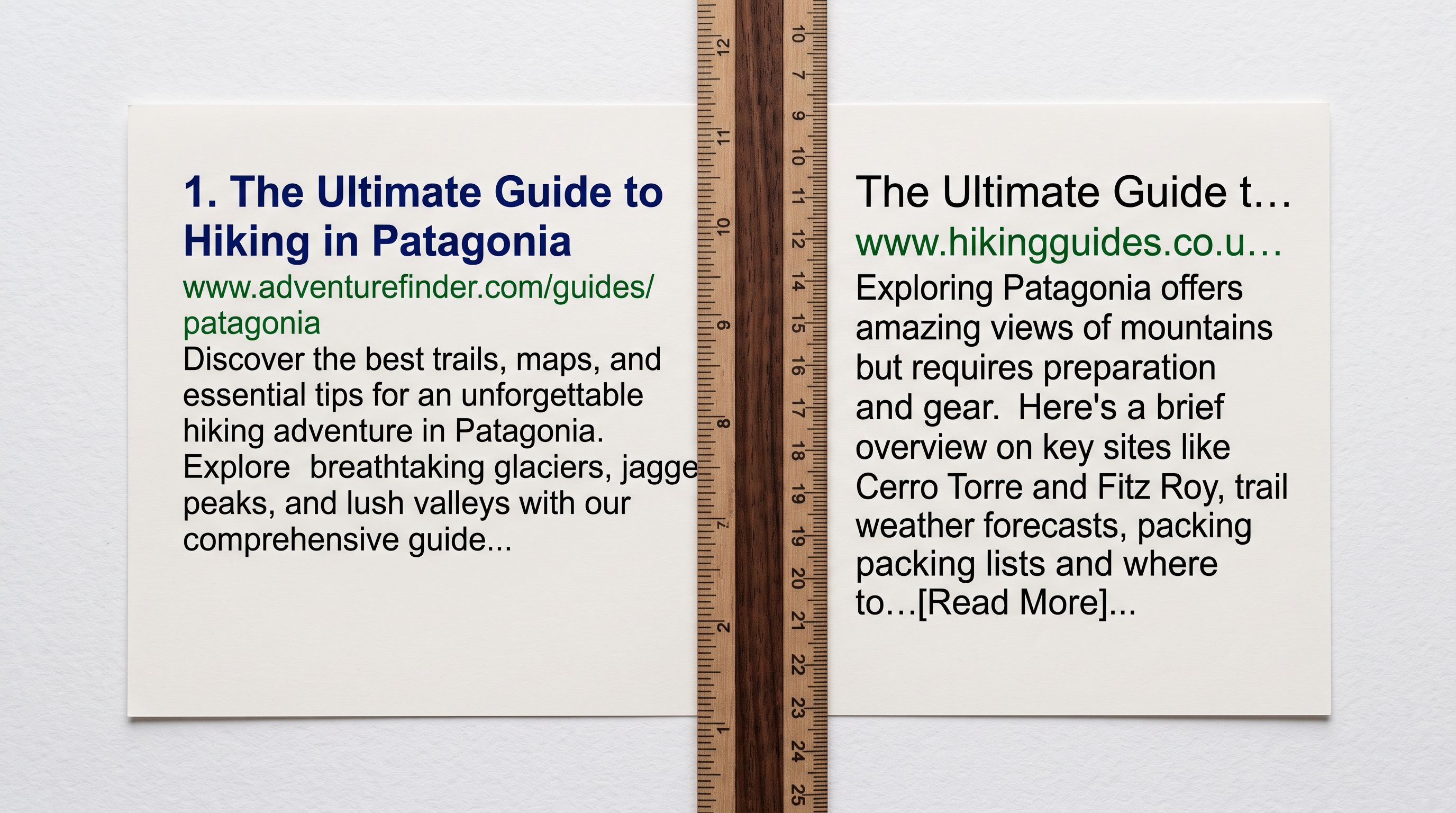 A printed side-by-side mockup of a Google search result showing a well-formed page title and meta description on the left panel and a default supplier-formatted title with truncated description on the right panel, resting on a white desk.