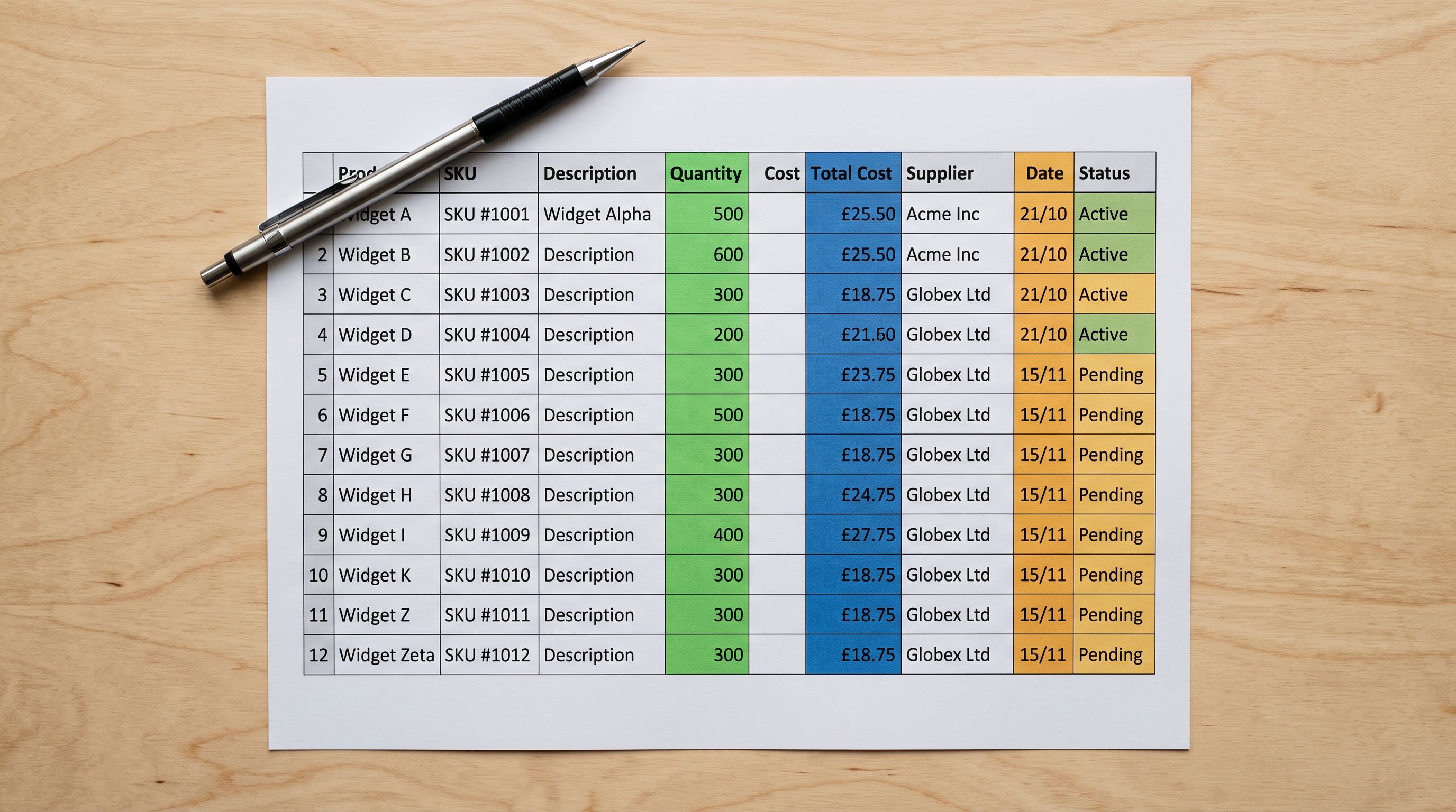 A printed spreadsheet resting on a pale timber surface showing twelve product rows with three highlighted columns labelled alt text, meta description, and SEO title, each cell containing short sample text in distinct ink colours.