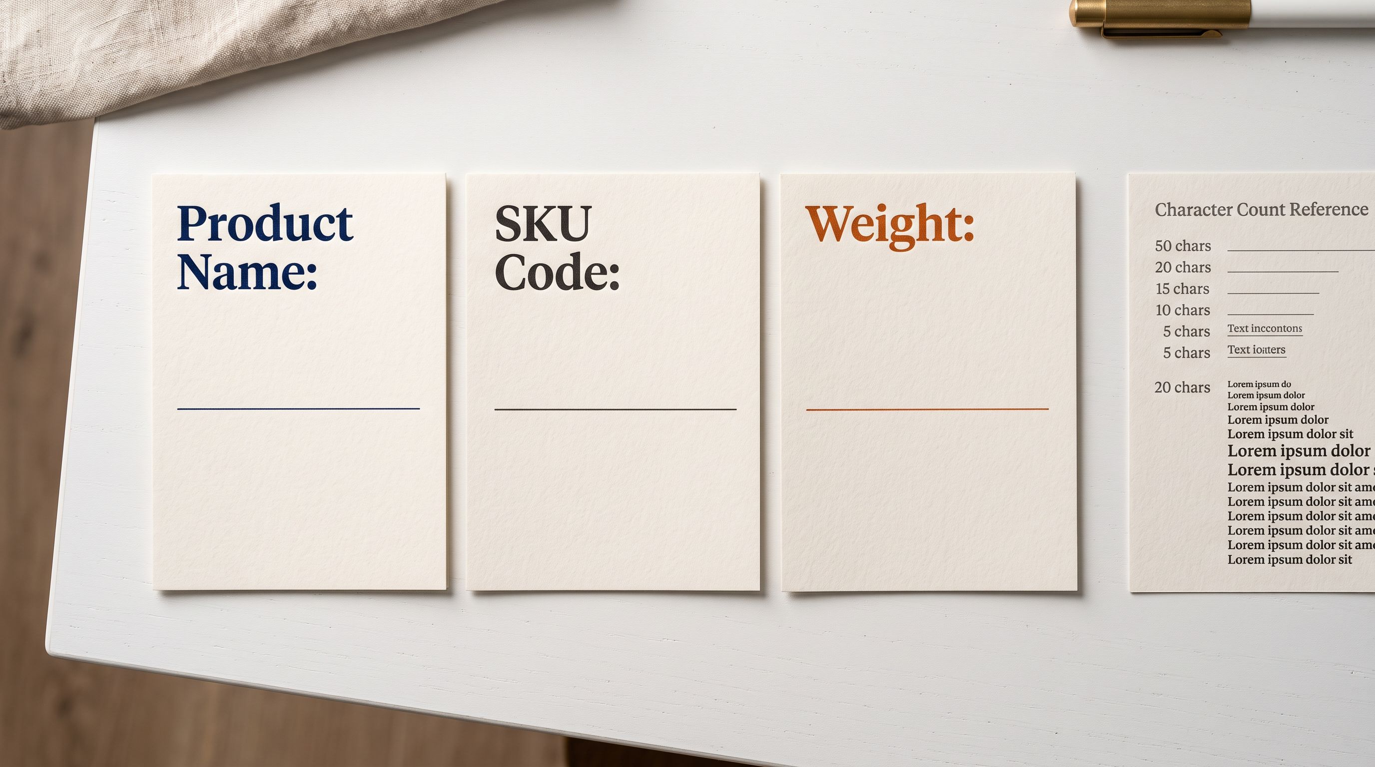 Three printed product specification cards arranged side by side on a white desk, each labelled with a different field name and showing where the field appears in a search result, an image listing, and a product page.