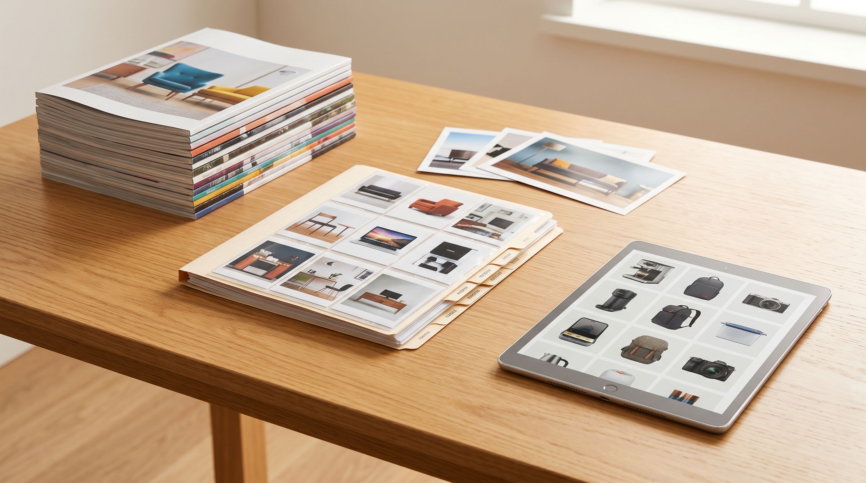 Stack of printed product catalogues on a desk beside a folder of organised product photographs and a tablet displaying a product image gallery grid.