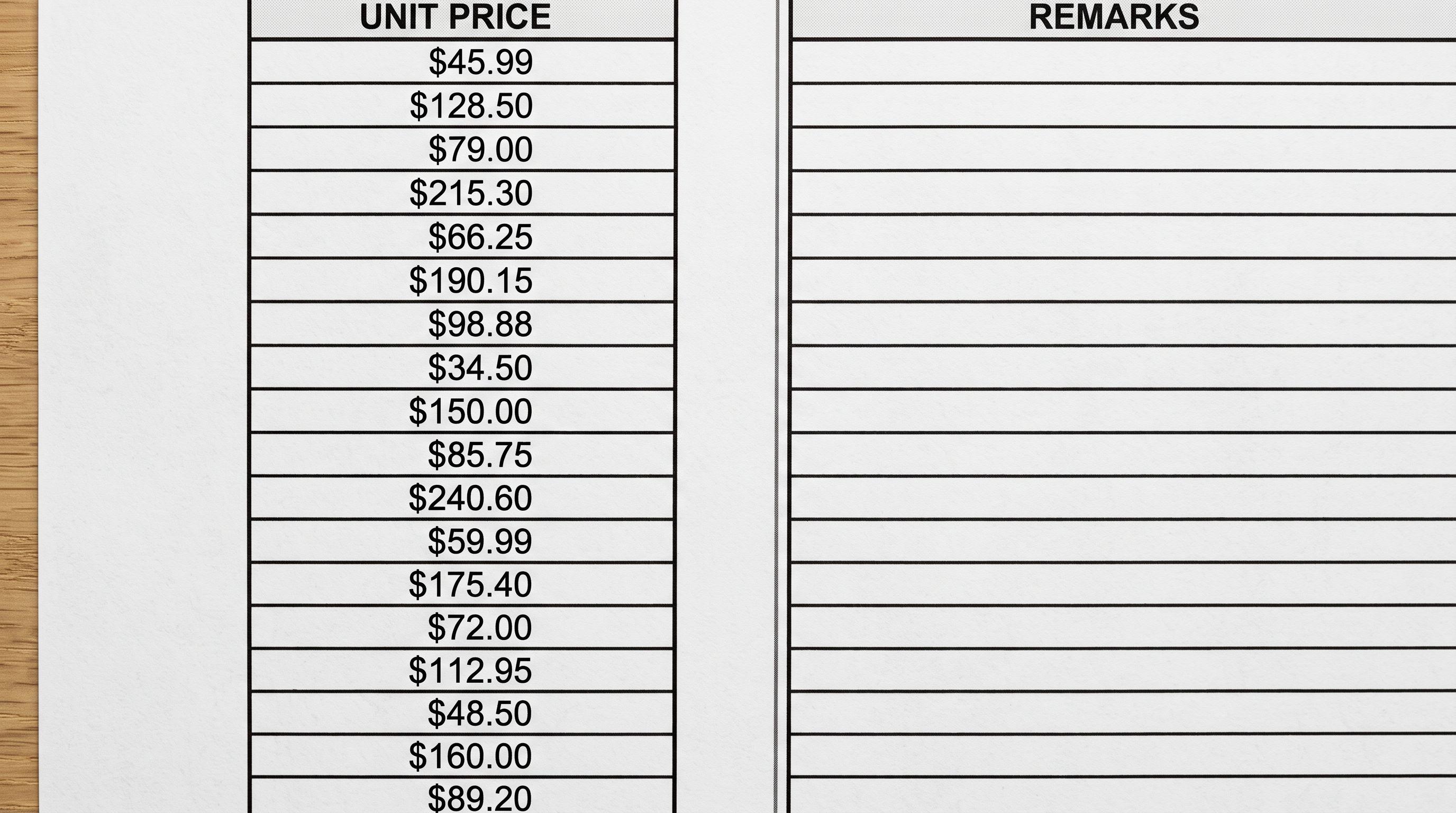 Printed spreadsheet page showing a populated price column beside a completely blank adjacent compare-at price column across multiple product rows