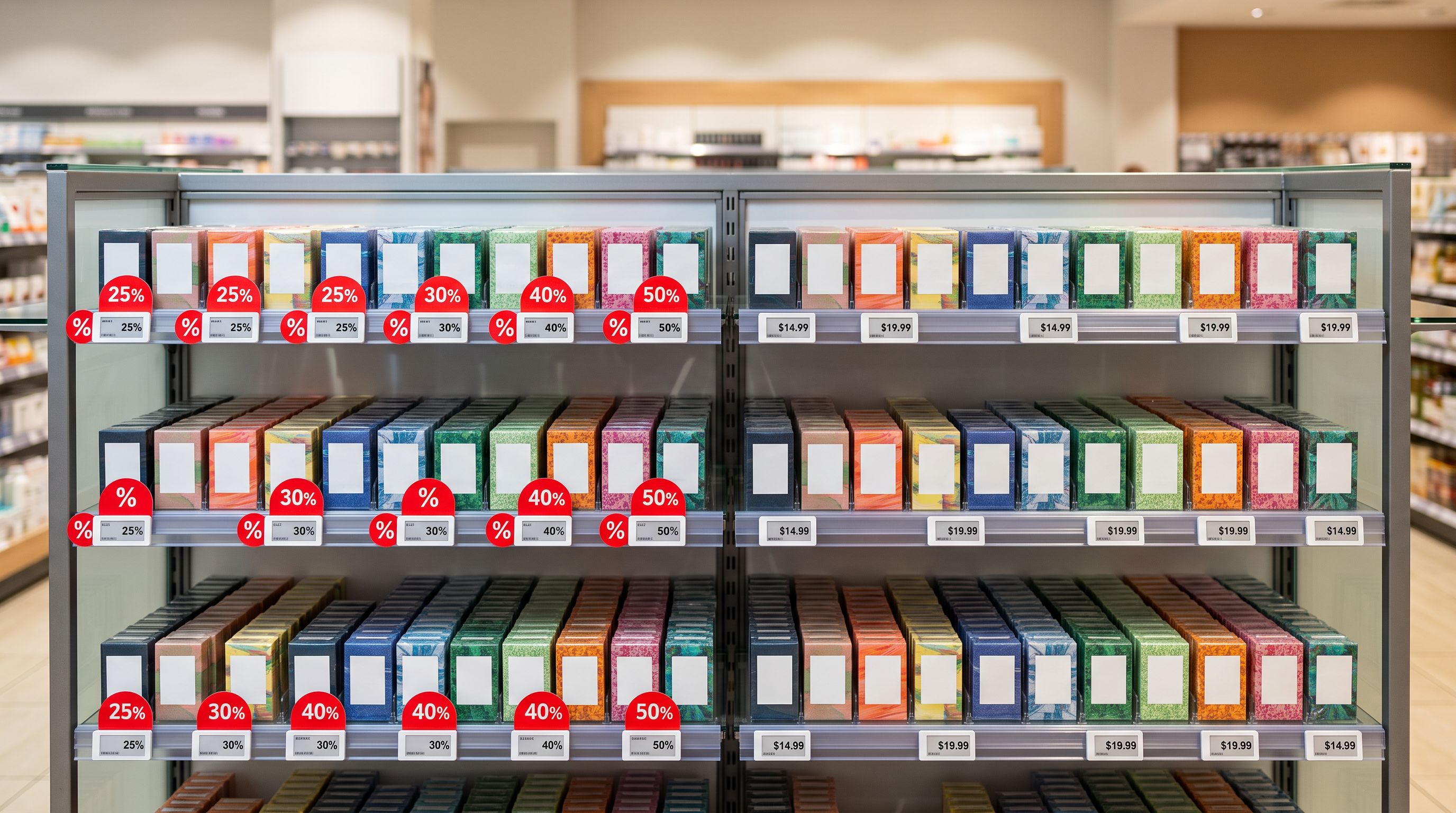 Retail product display shelf with sale percentage badges on the left section and bare price labels with no sale markings on the right section