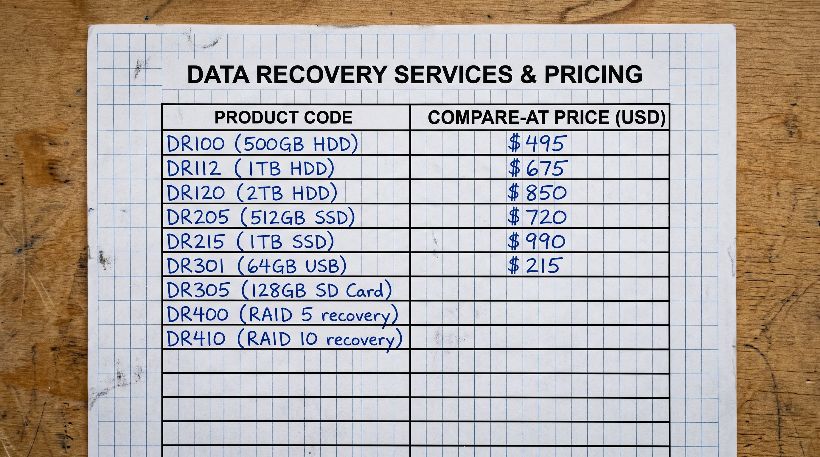 Printed two-column data recovery form on graph paper with product codes and handwritten compare-at price figures partially completed