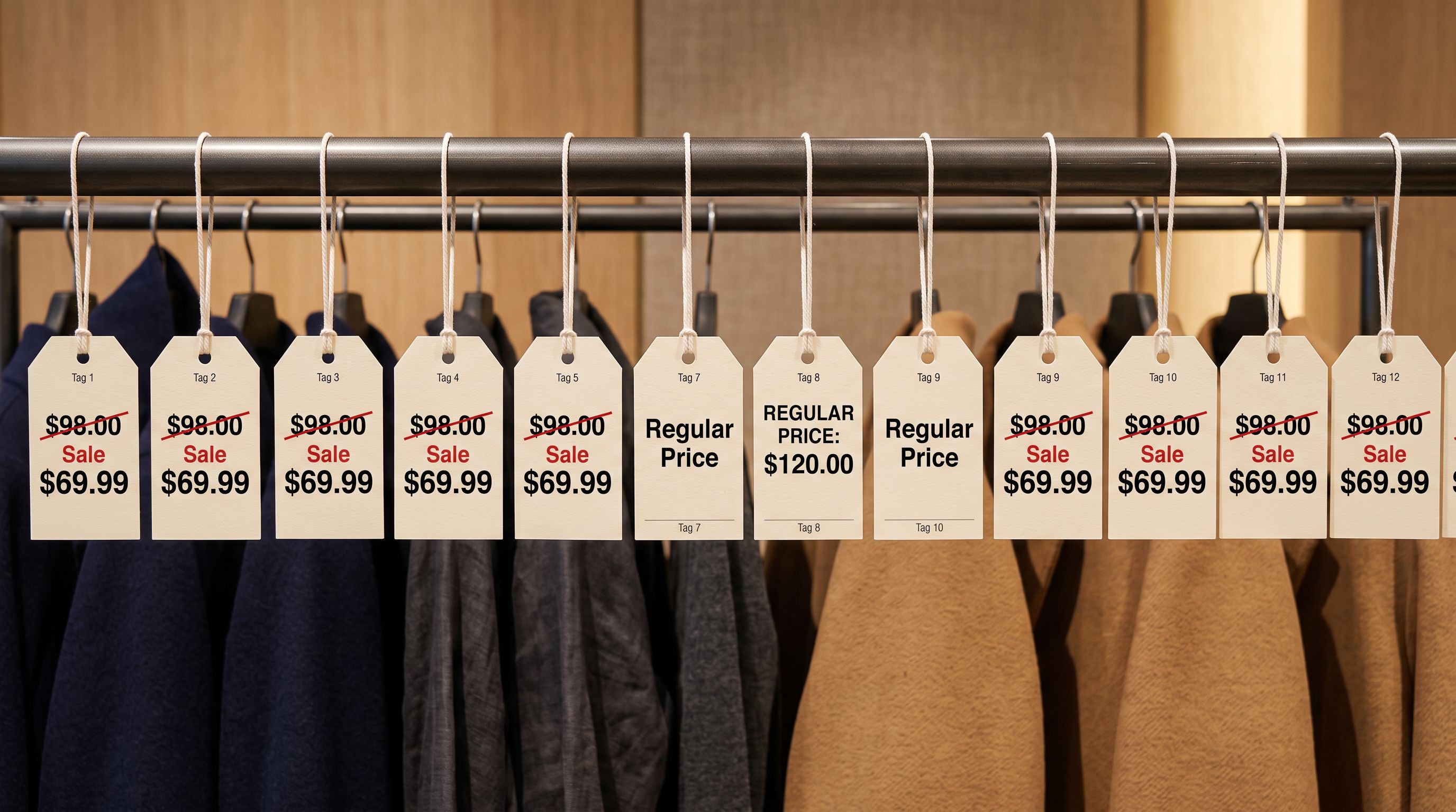 Row of retail price tags on a clothing rack most showing crossed-out prices and sale figures with three consecutive tags showing only regular prices