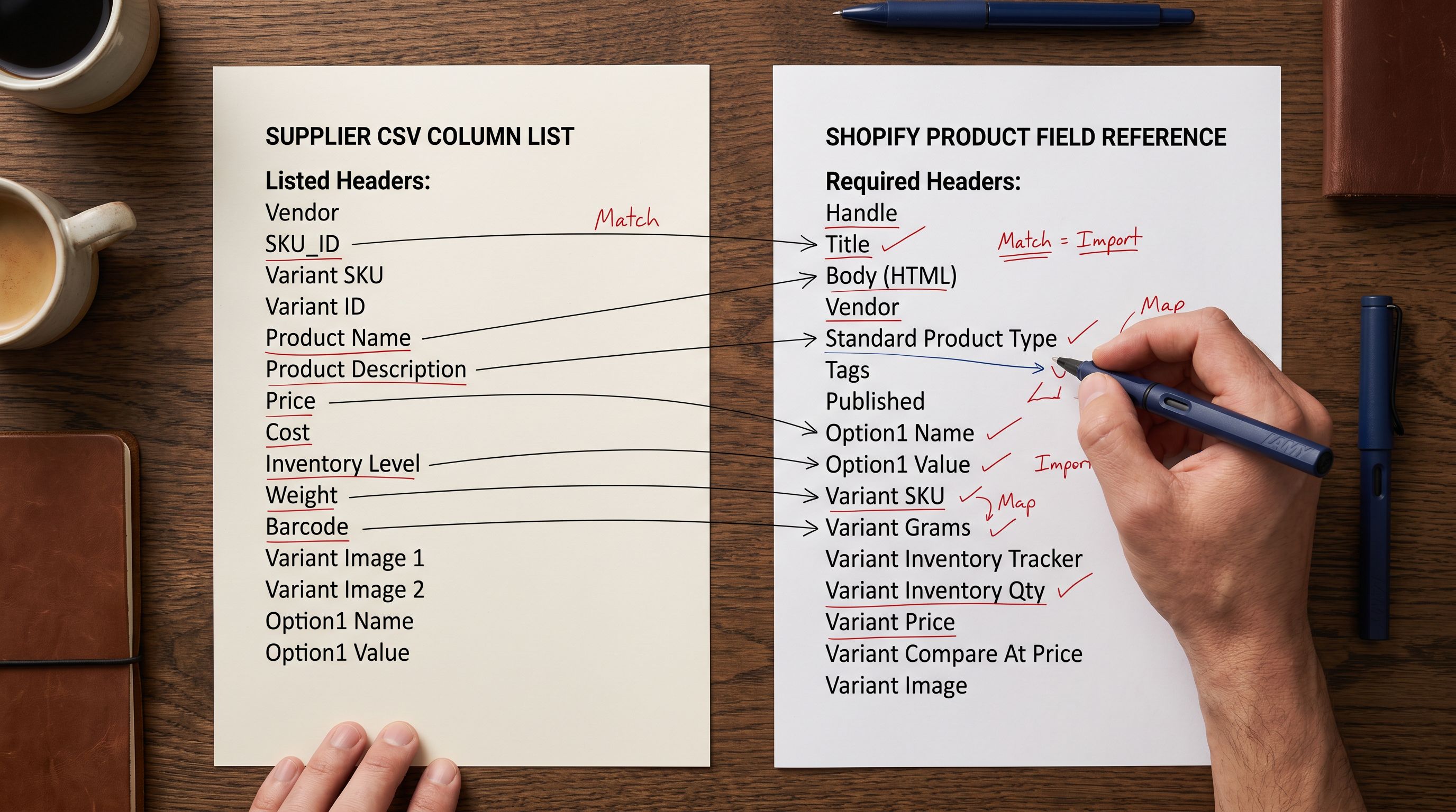Printed supplier CSV column list on the left side of a desk connected by drawn arrows to a Shopify field reference sheet on the right side, showing manual column matching.