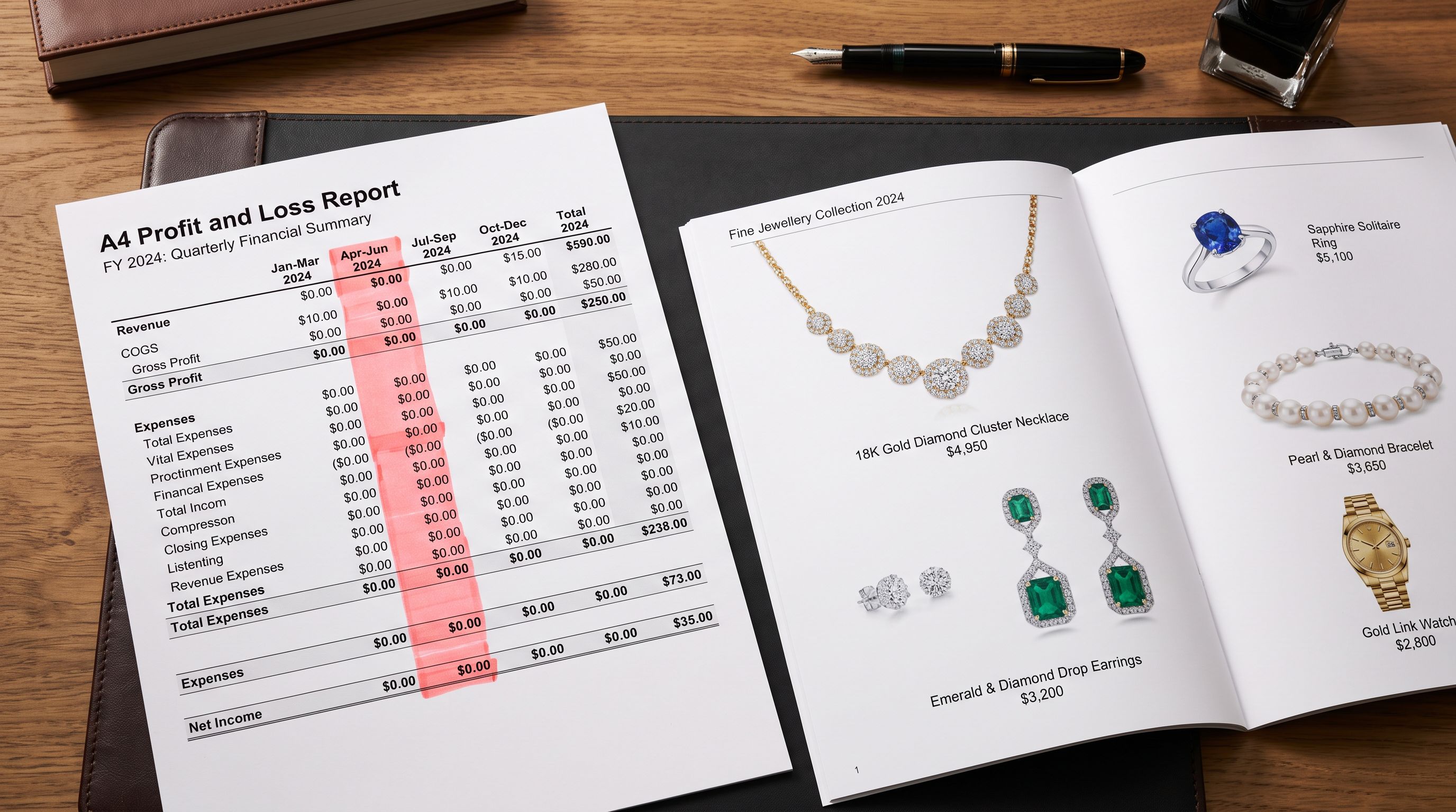 A printed profit and loss report spread across a desk with a column of figures all showing zero, beside an open product catalogue with pricing listed.