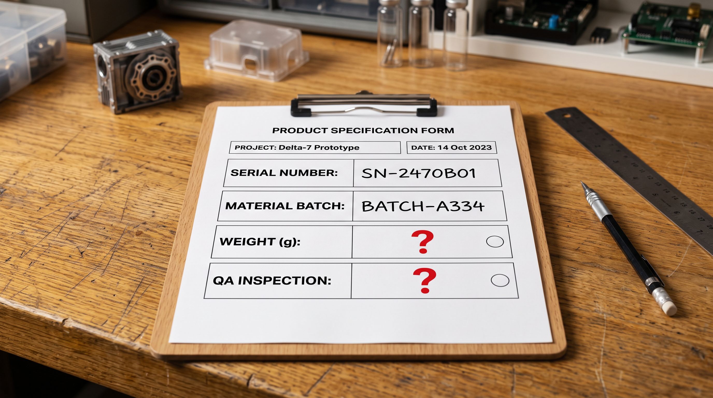 Printed product specification form on clipboard showing filled and blank data rows on a wooden workbench