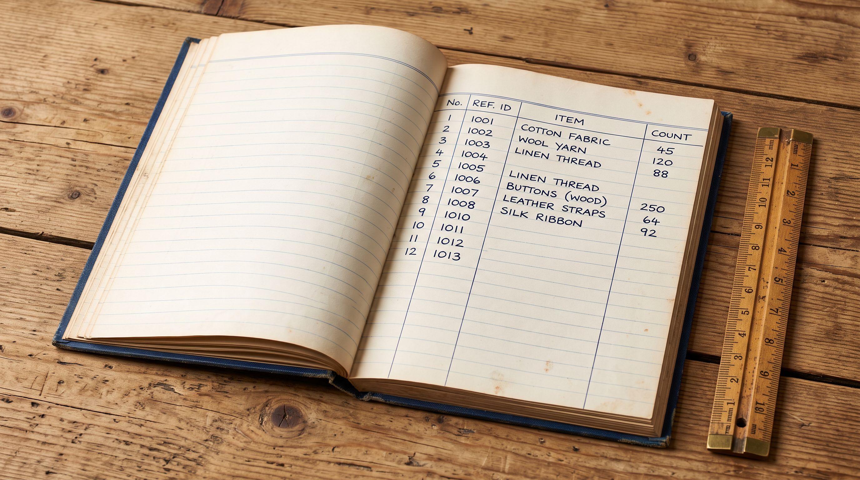 An open ruled ledger book on a timber surface with neat reference rows and a wooden ruler set alongside the page.