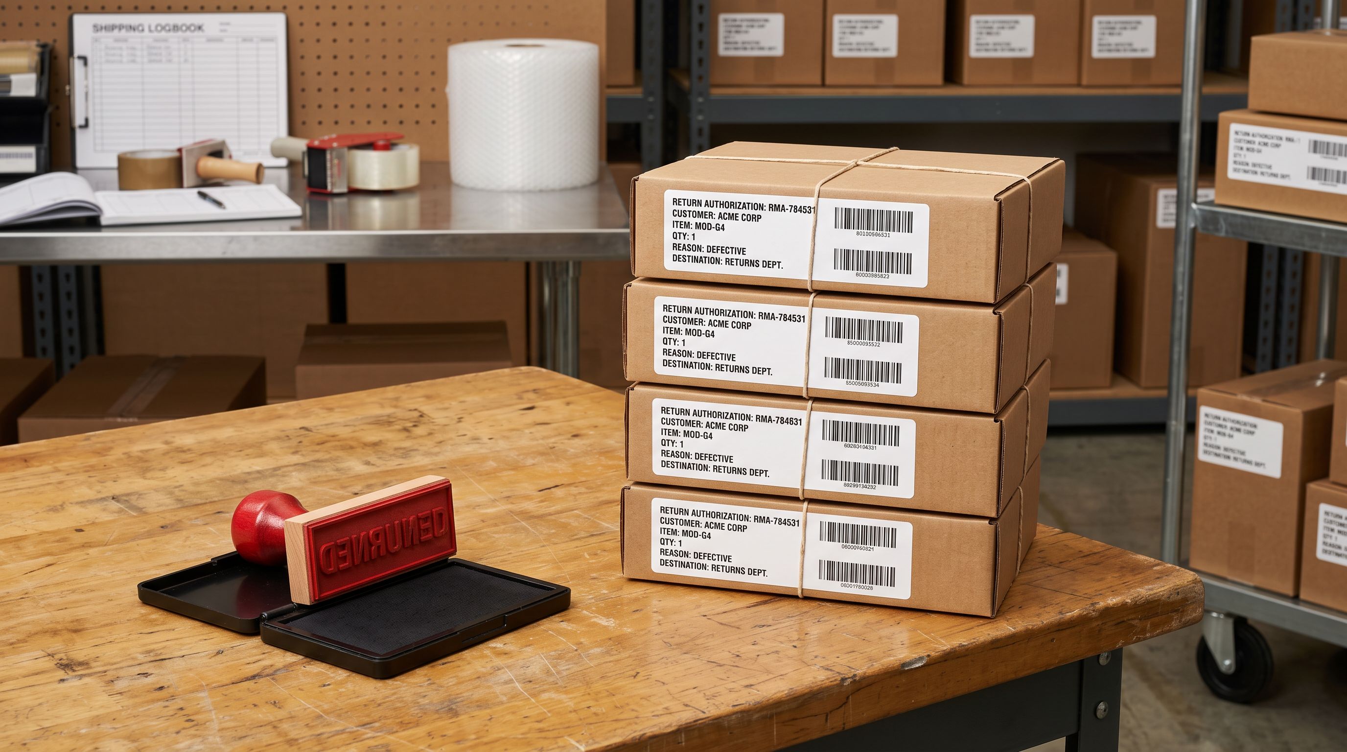 A red rubber stamp beside an ink pad on a warehouse packing bench next to a stack of labelled product cartons.
