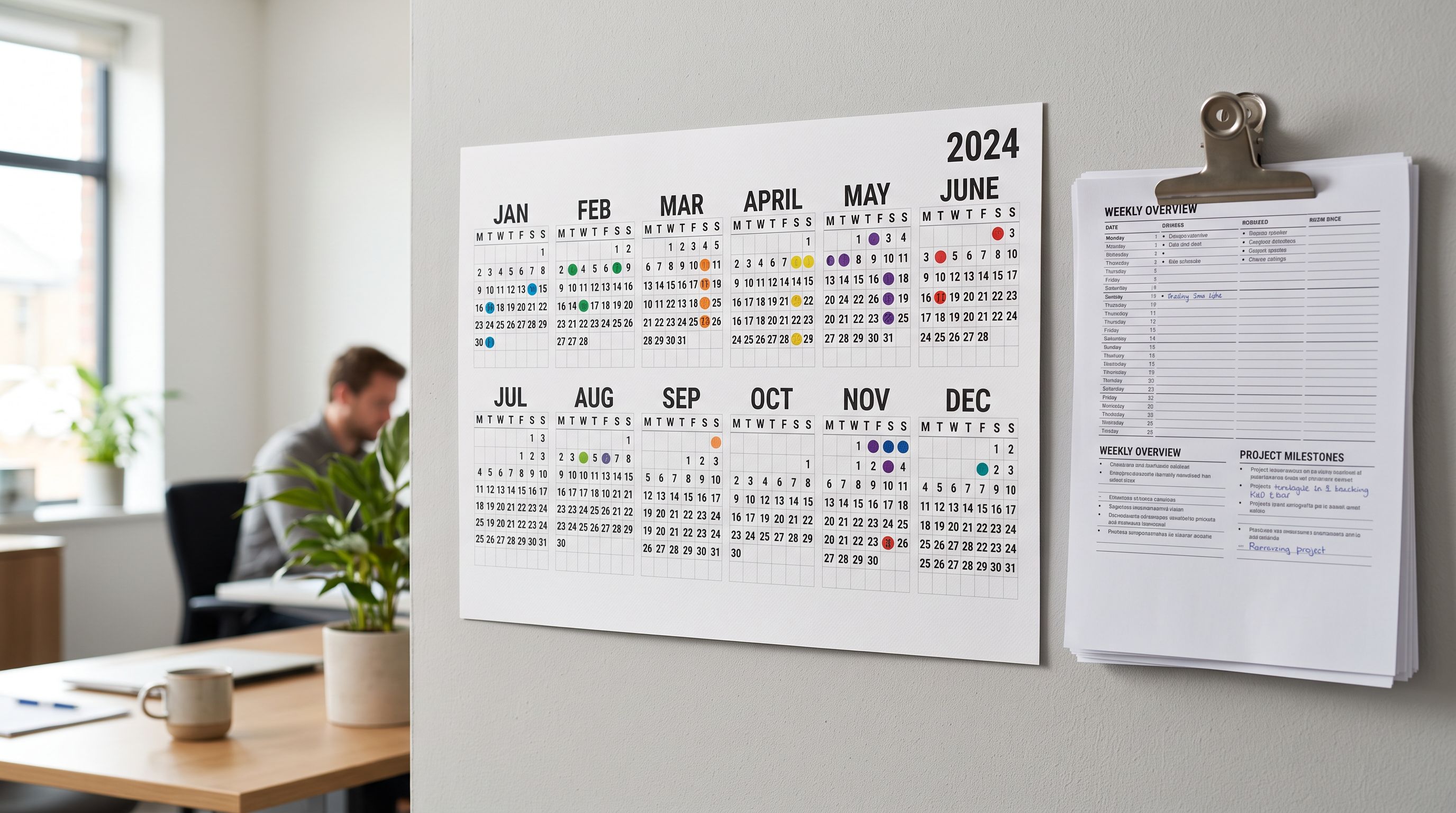A wall-mounted yearly calendar in a bright office with coloured sticker dots marking recurring dates across multiple months.